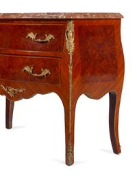 A Near Pair of Louis XV Style Gilt Metal Mounted Parquetry Marble-Top Commodes