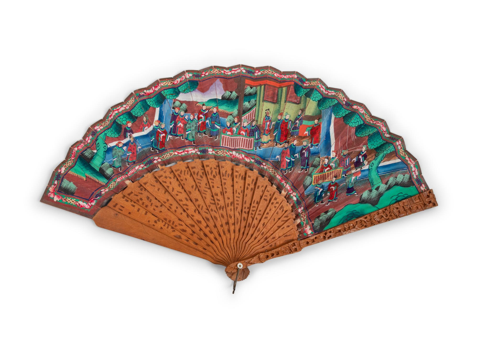 A Chinese Carved Sandalwood and Painted Fan