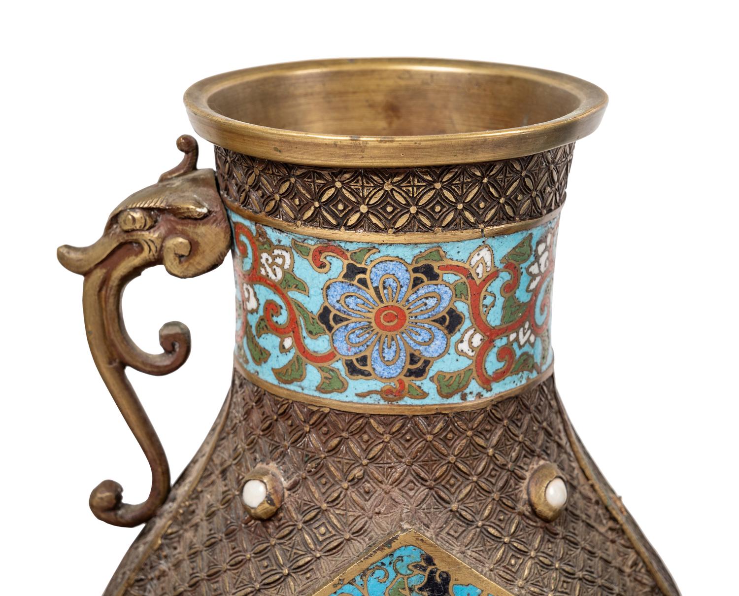 Five Japanese Archaistic Blue Ground Cloisonné Enameled Vases