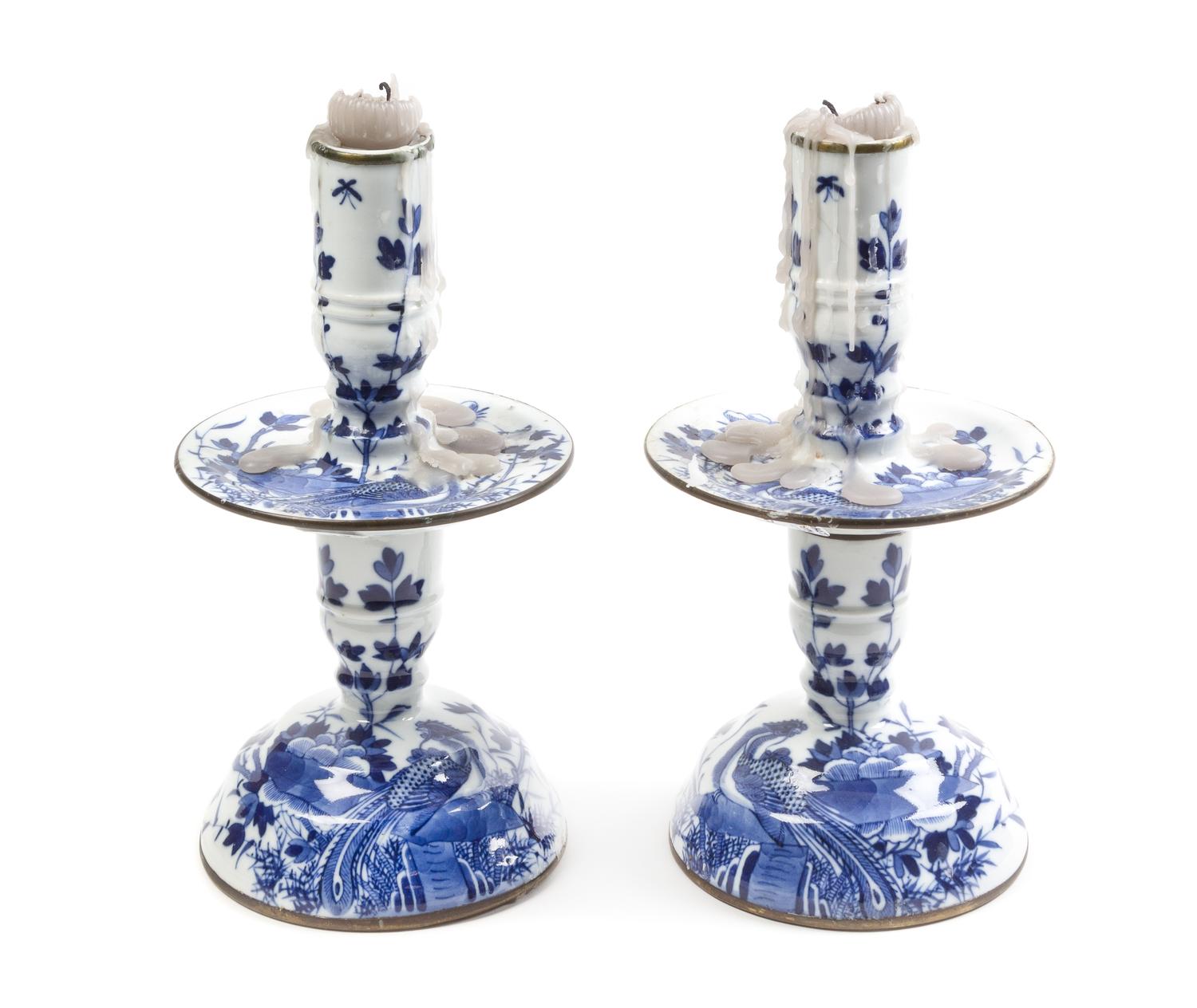 A Pair of Chinese Export Blue and White Porcelain Convertible Candlesticks Height 10 1/4 inches. — 19TH CENTURY