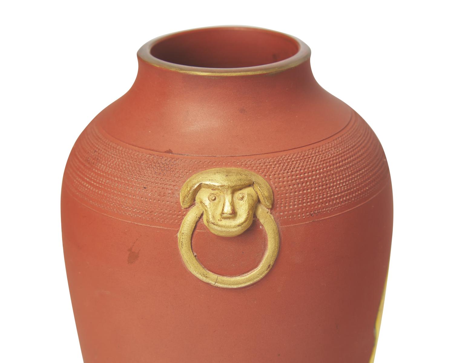 A Pair of Wedgwood Enamel Decorated Rosso Antico Vases