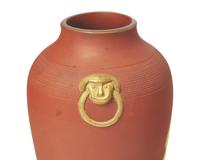 A Pair of Wedgwood Enamel Decorated Rosso Antico Vases