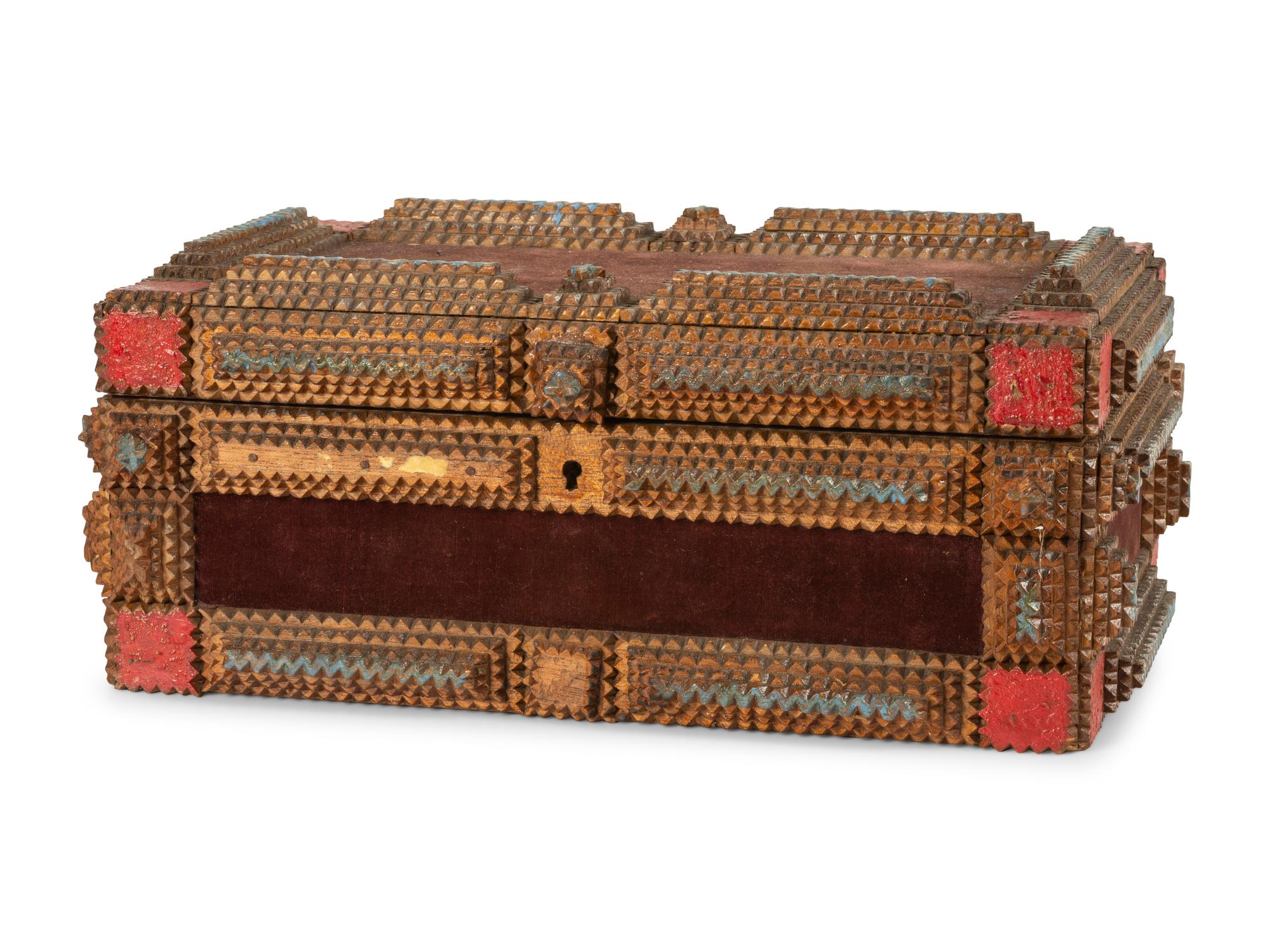 A Painted Wood and Velvet Tramp Art Box