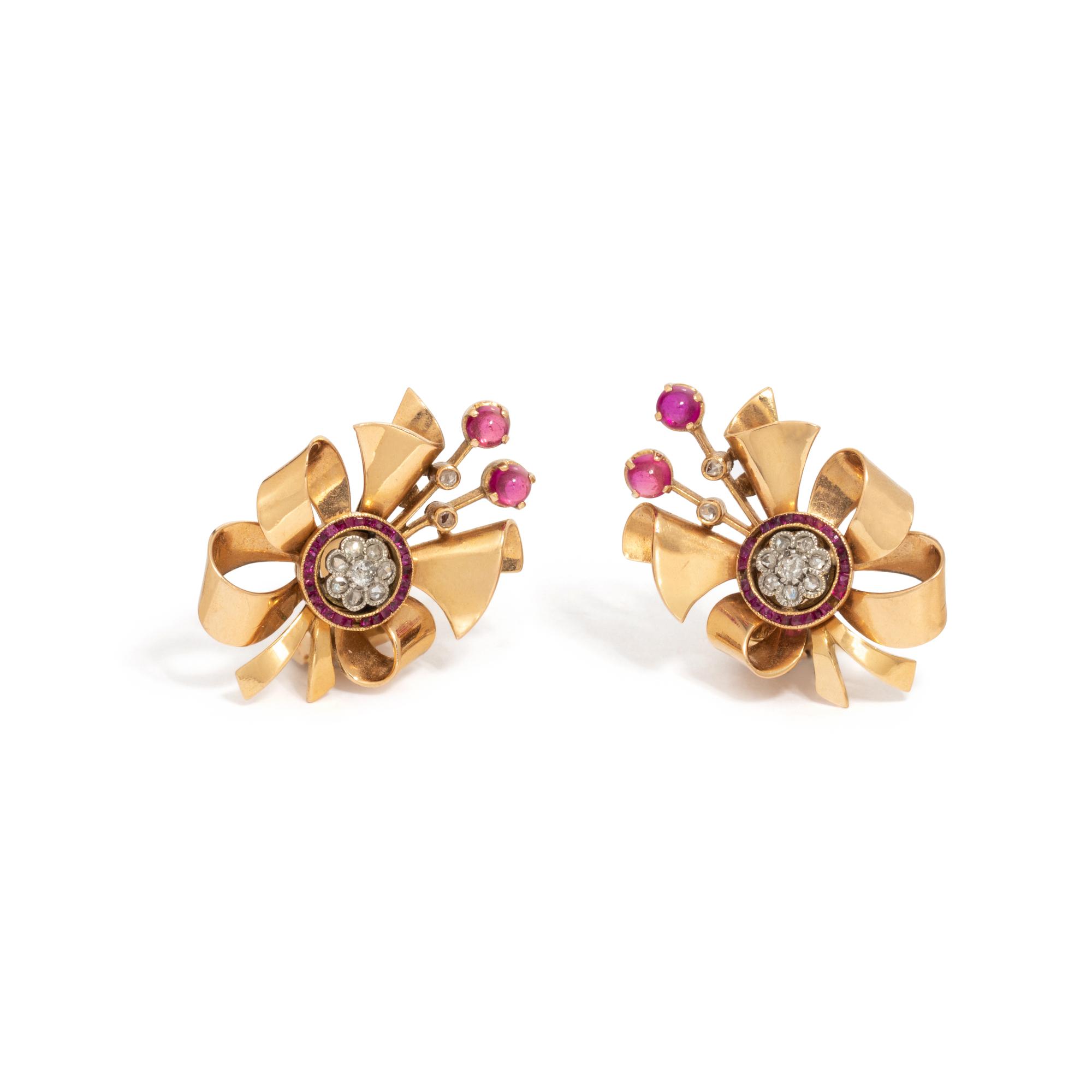 RETRO, ROSE GOLD, RUBY AND DIAMOND EARCLIPS