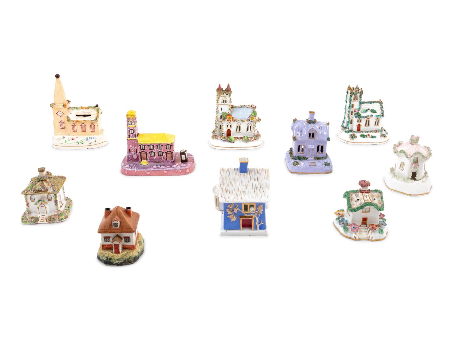 A Collection of Staffordshire Pottery Incense Burners and Cottage Ornaments