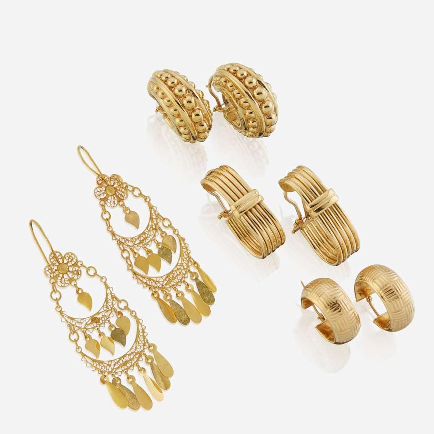 A collection of four pairs of eighteen karat gold earrings