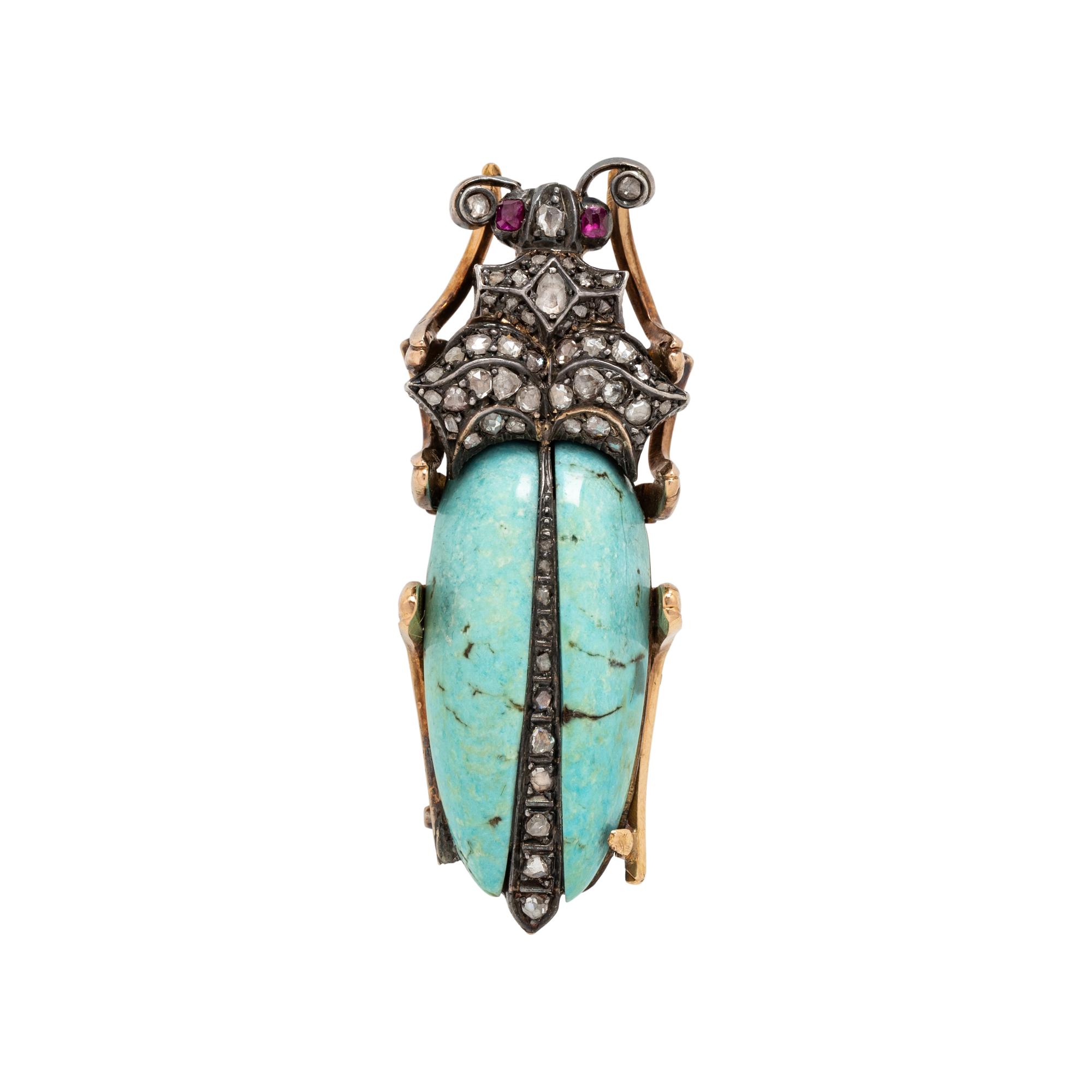 ANTIQUE, TURQUOISE, RUBY, AND DIAMOND BEETLE BROOCH