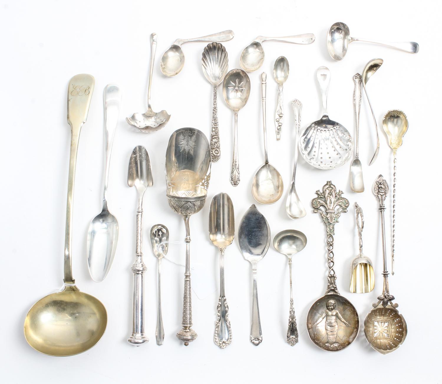 A Collection of Silver and Silver-Plate Serving Articles, various makers, comprising sugar scoops, jelly spoons, cheese scoops, nut sco