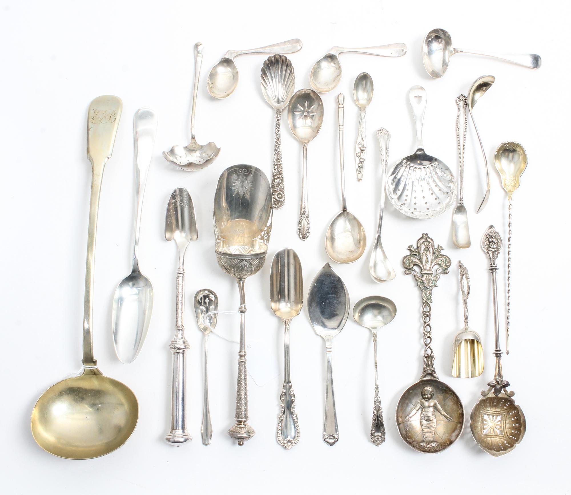 A Collection of Silver and Silver-Plate Serving Articles, various makers, comprising sugar scoops, jelly spoons, cheese scoops, nut sco