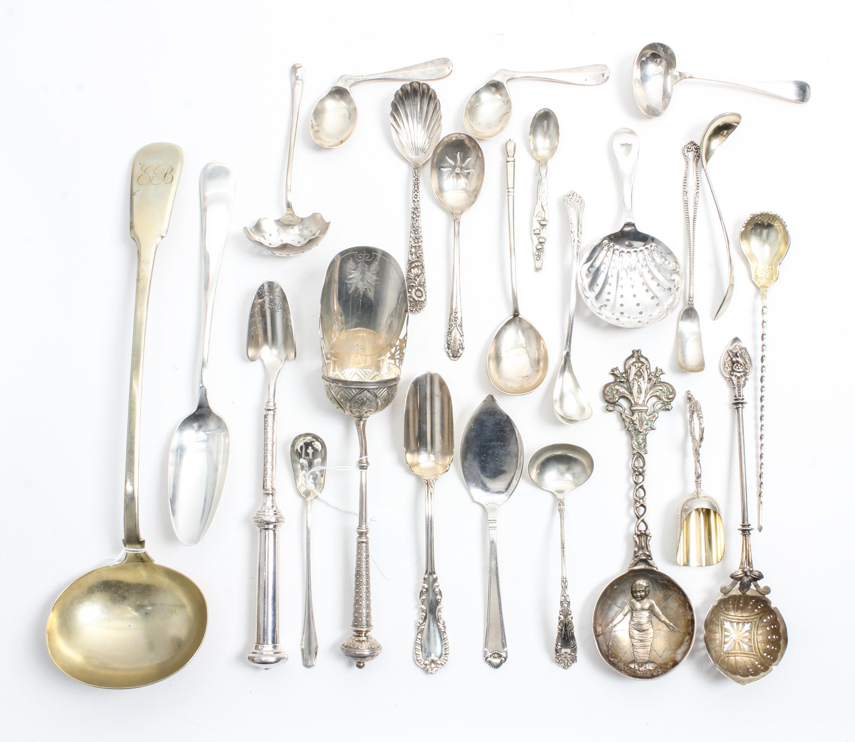 A Collection of Silver and Silver-Plate Serving Articles, various makers, comprising sugar scoops, jelly spoons, cheese scoops, nut sco