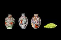 Four Chinese Famille Rose Molded Porcelain Snuff Bottles