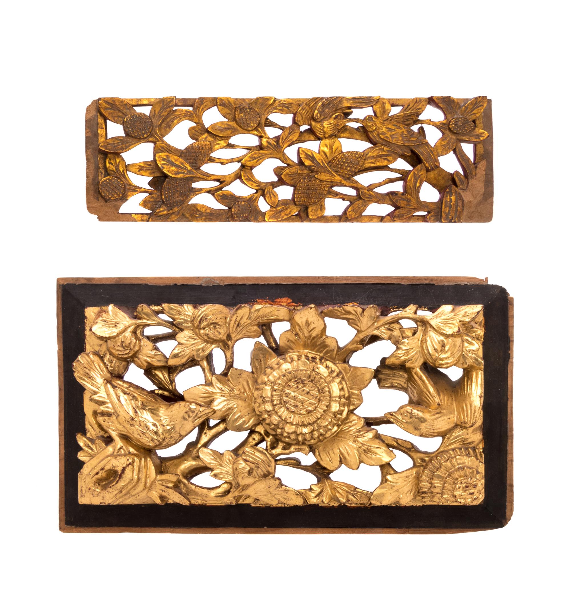 Two Chinese Gilt and Red Lacquered Wood Wall Panels Height 10 3/4 inches. — 19TH CENTURY