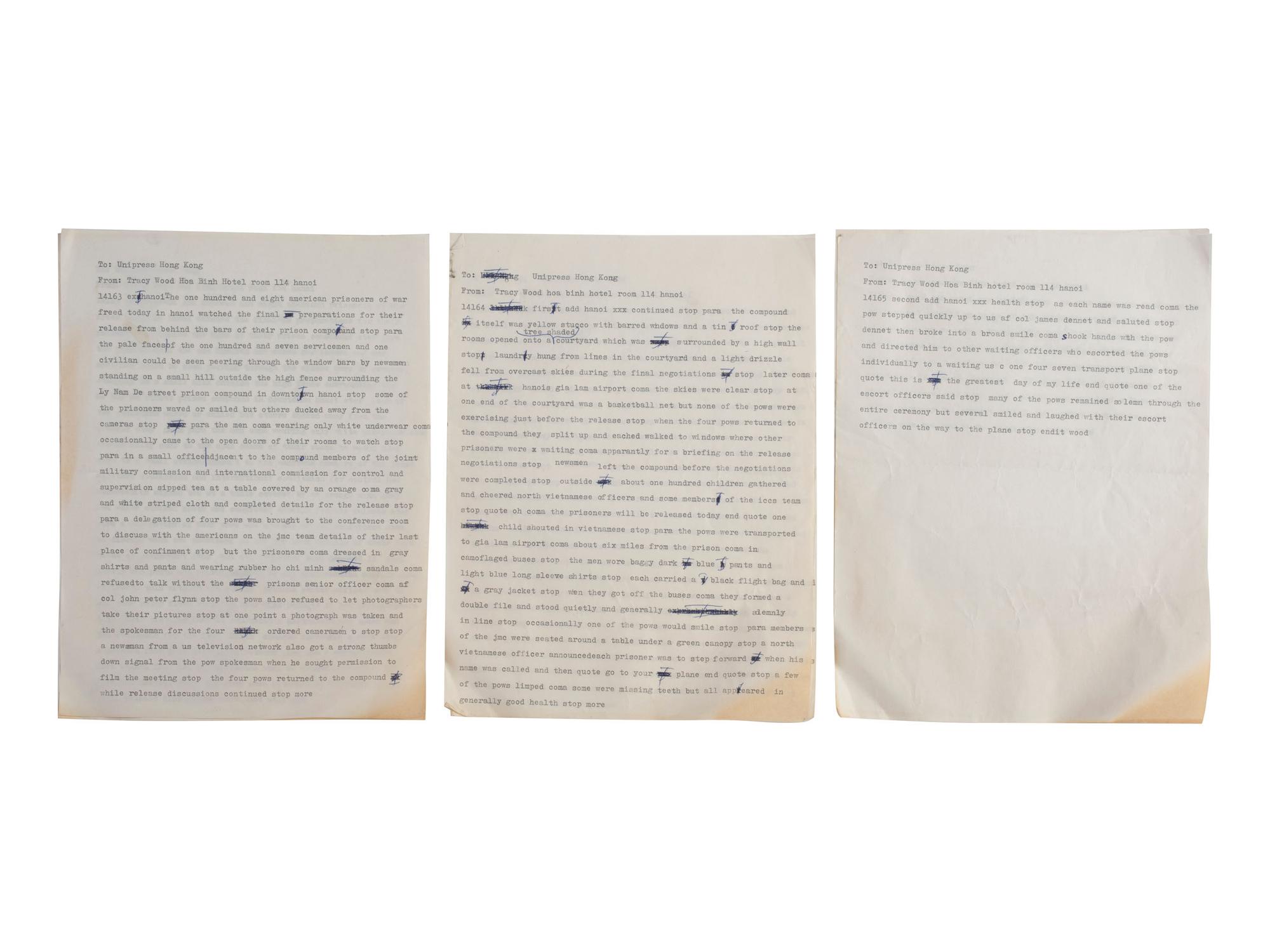[VIETNAM WAR] - [WOMEN]. Vietnam War-era papers of Pulitzer Prize-winning combat journalist Tracy A. Wood (1943-2020), including documents related to the 1973 release of American POWs in Hanoi.