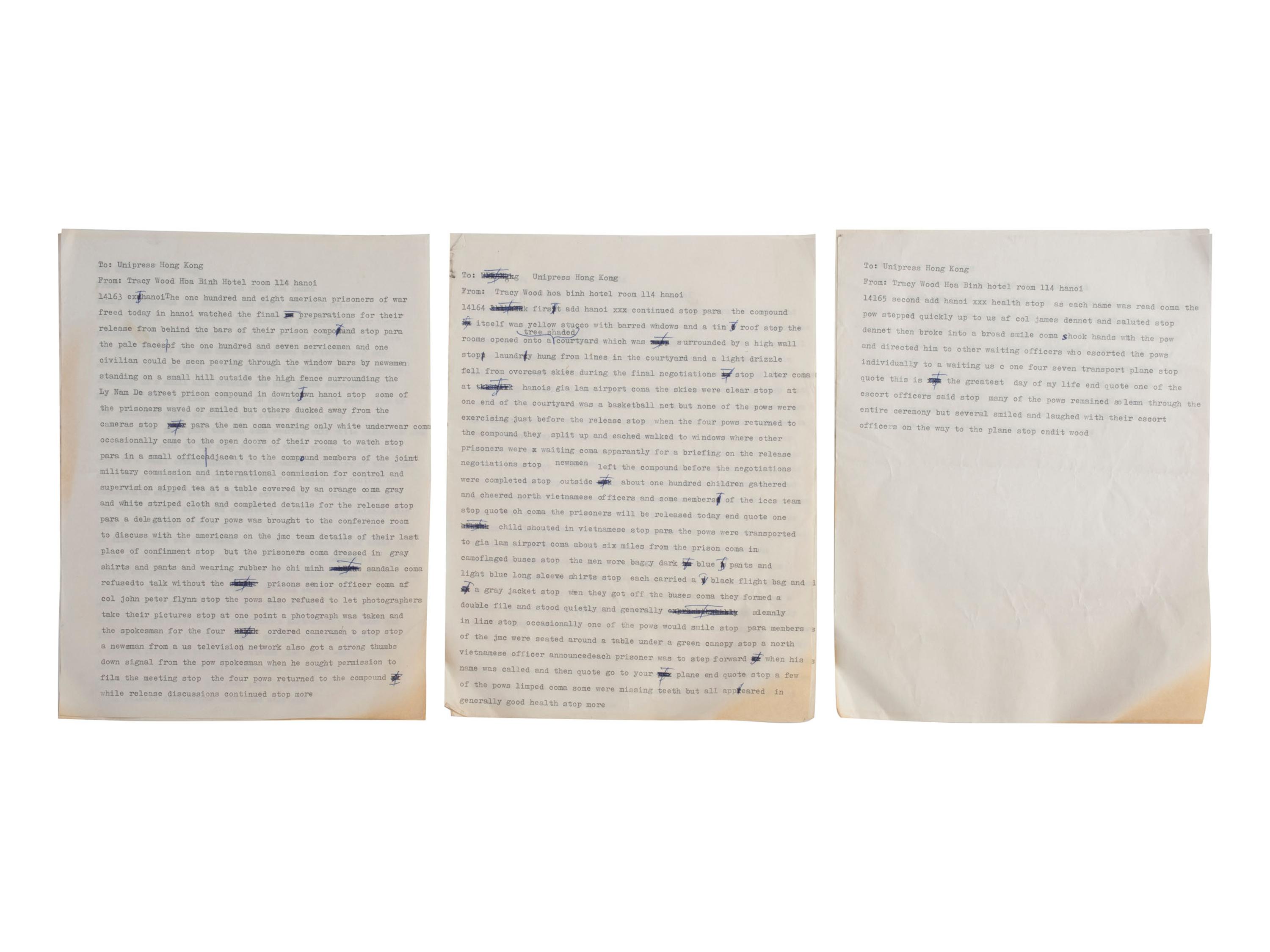 [VIETNAM WAR] - [WOMEN]. Vietnam War-era papers of Pulitzer Prize-winning combat journalist Tracy A. Wood (1943-2020), including documents related to the 1973 release of American POWs in Hanoi.