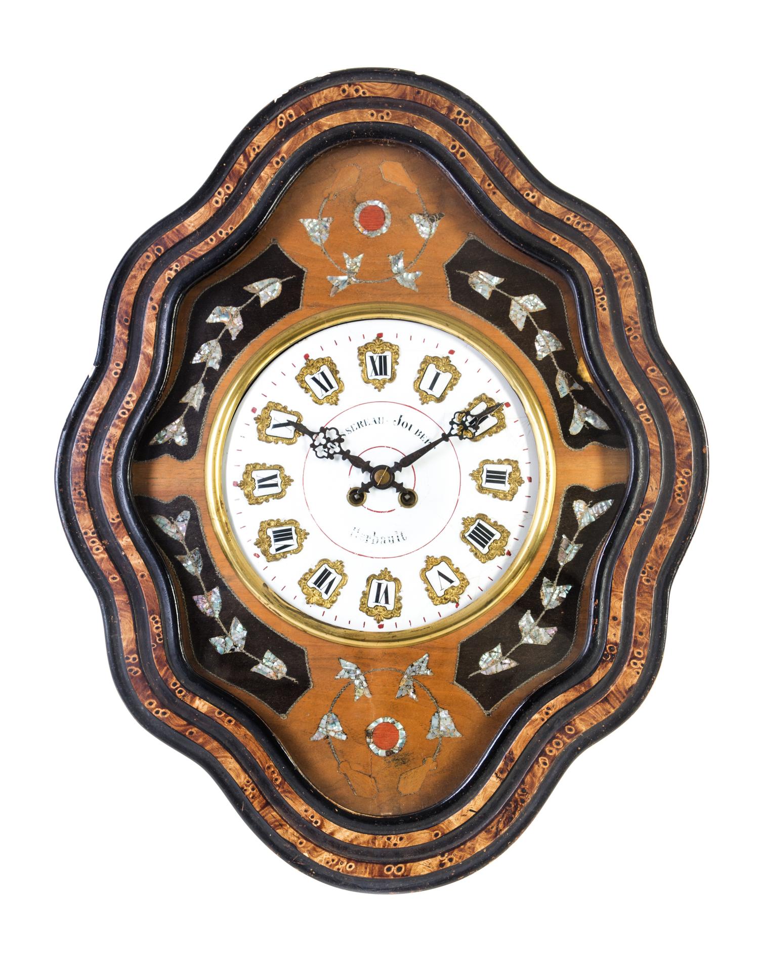 A Victorian Mother-of-Pearl Inlaid Wall Clock Height 24 1/4 inches. — 19TH CENTURY
