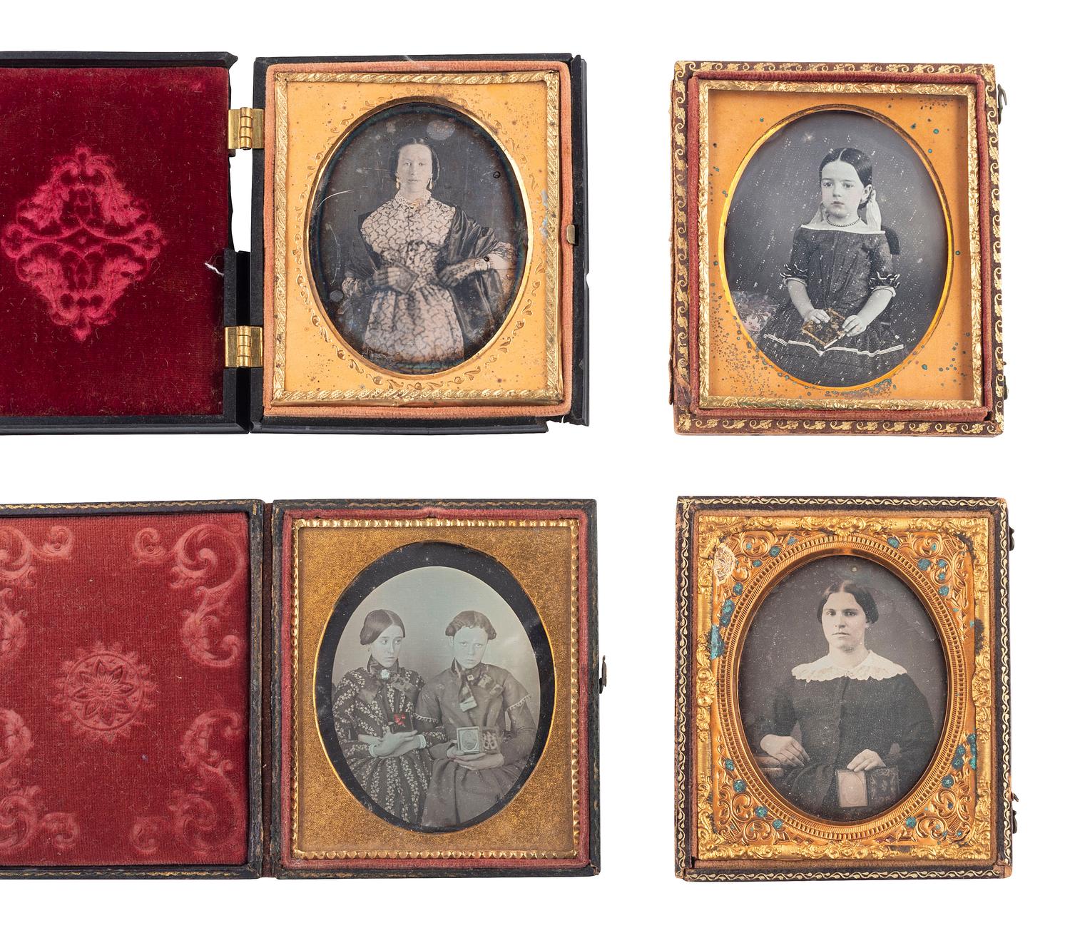 [EARLY PHOTOGRAPHY]. 12 daguerreotype portraits of female subjects holding cased images, including: