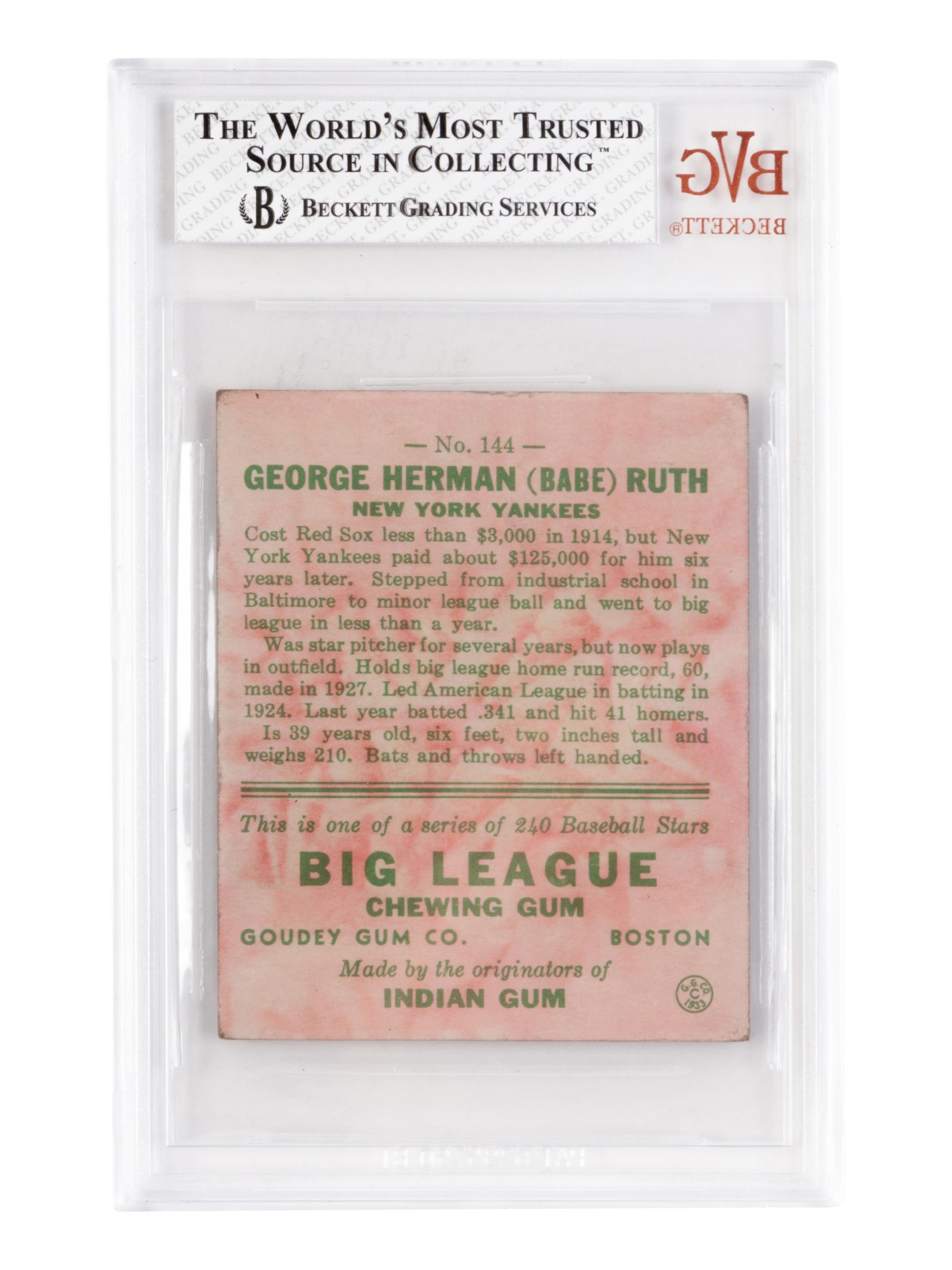 A 1933 Goudey Babe Ruth No. 144 Baseball Card BVG Good (Beckett Vintage Grading) 2