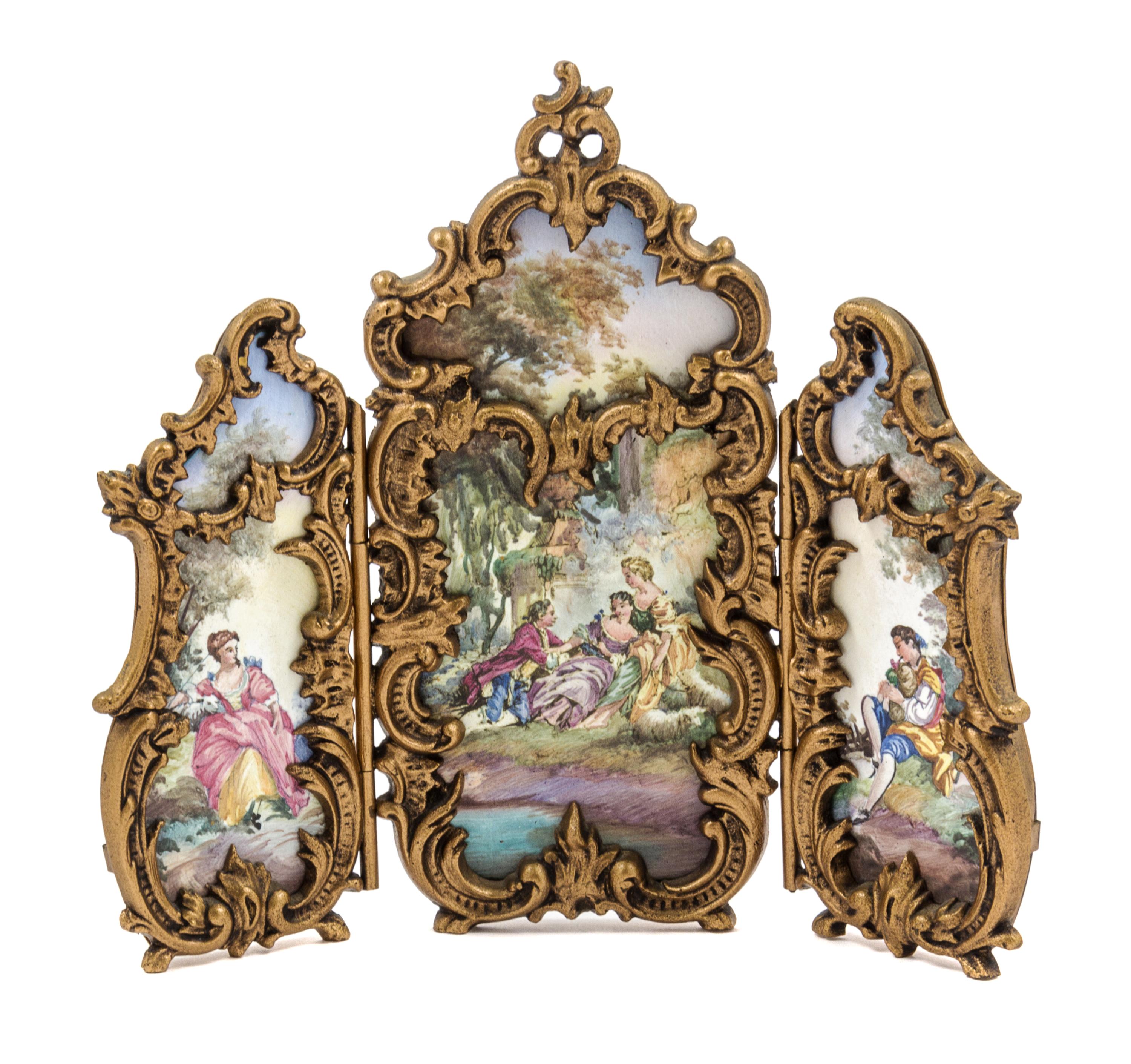 An Austrian Enameled Gilt Metal Three-Panel Table Screen Height 5 3/4 inches overall. — 19TH/20TH CENTURY