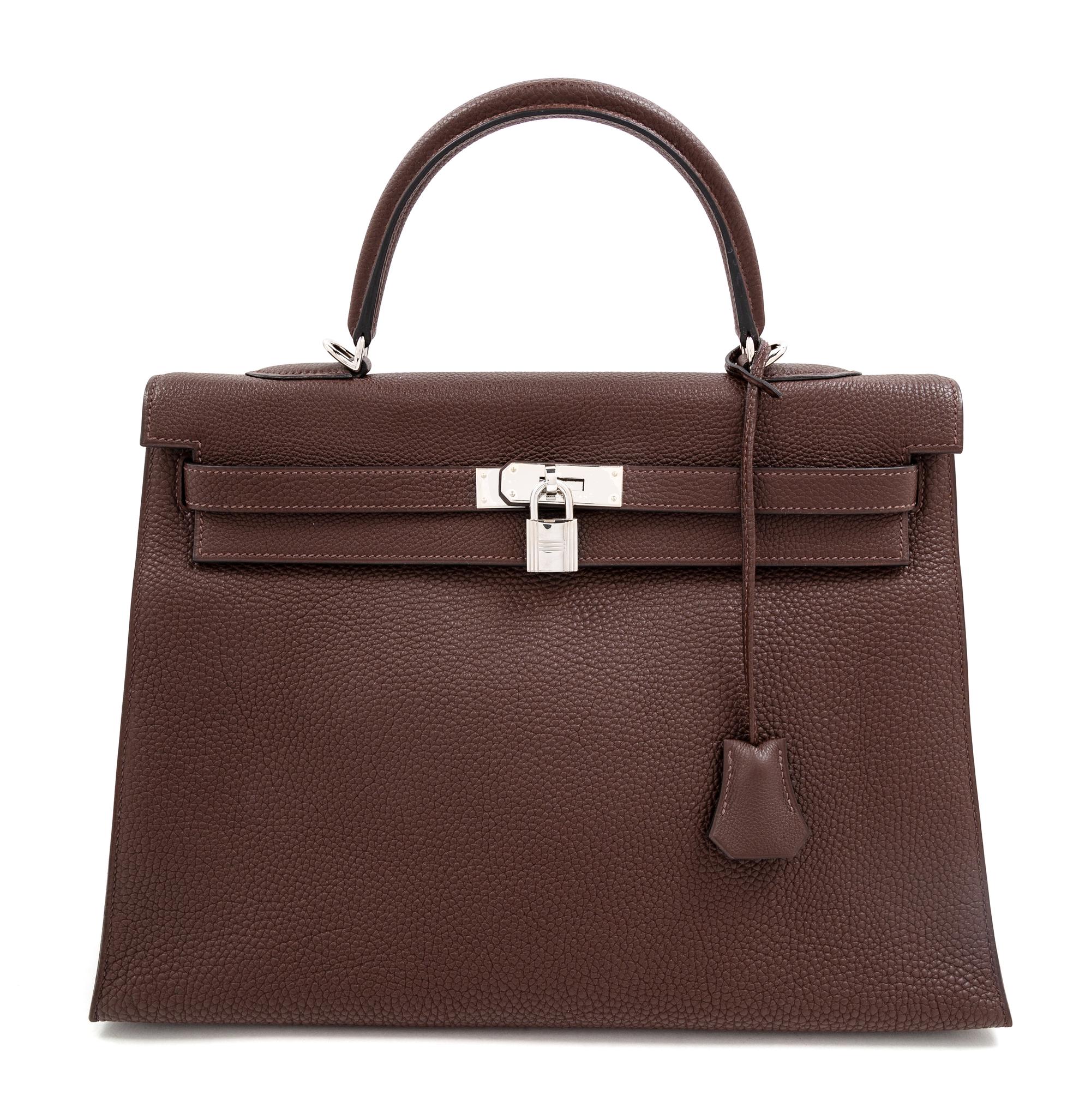 An Hermès Brown Togo 36cm Kelly, 10" H x 14" W x 5" D; Handle drop: 3.5".