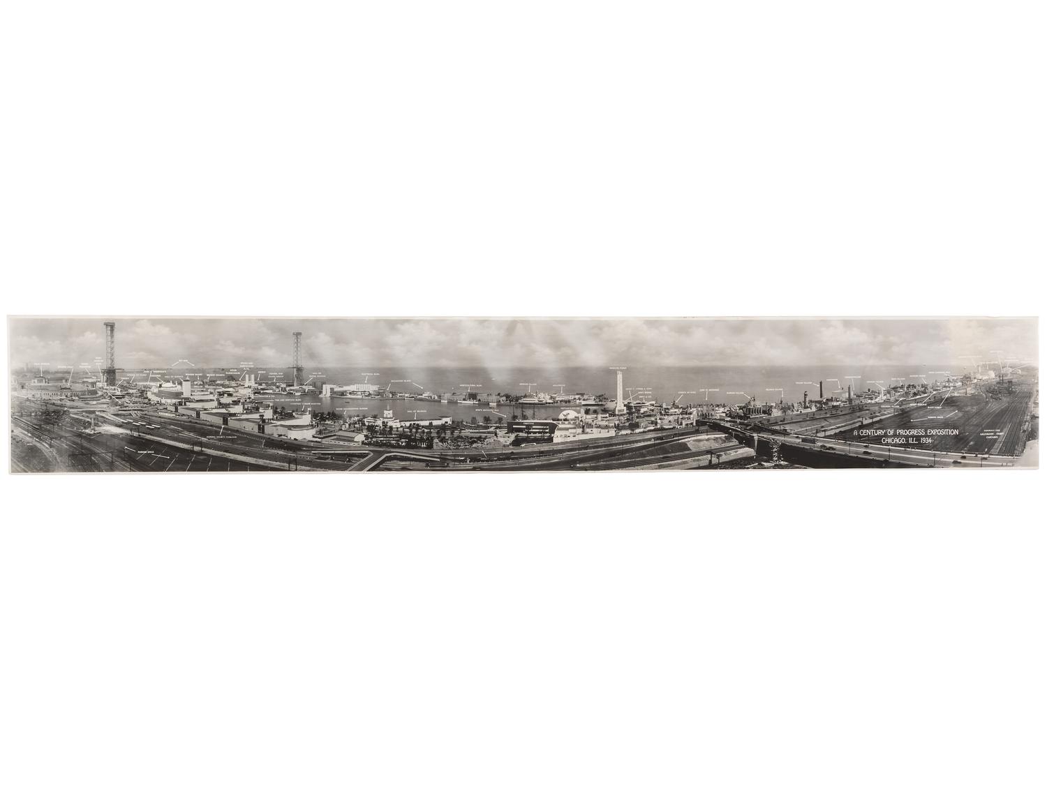 [FAIRS & EXPOS]. A group of 2 items involving Chicago World's Fairs, incl. 1893 souvenir textile and 1934 panoramic photograph.