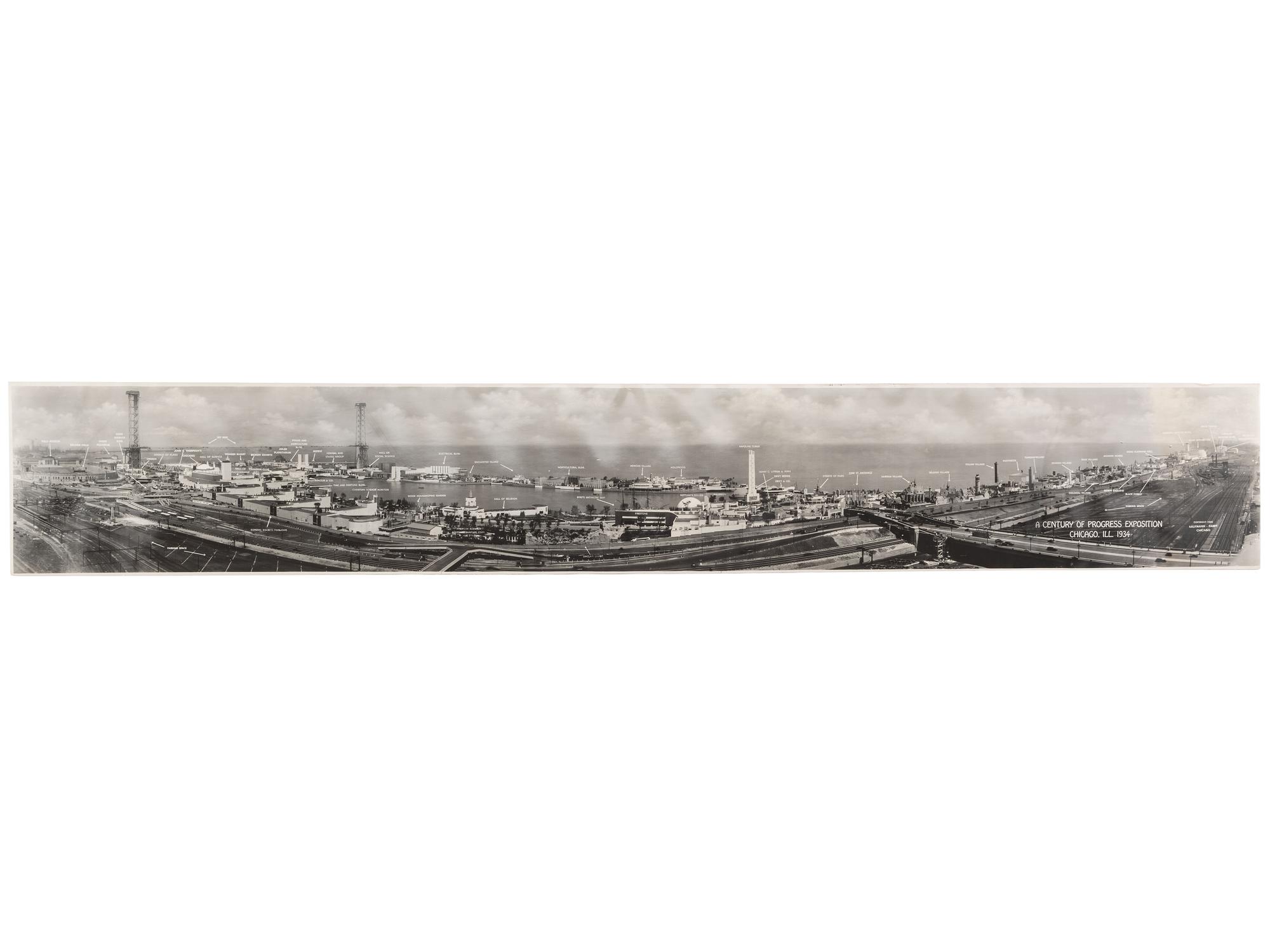 [FAIRS & EXPOS]. A group of 2 items involving Chicago World's Fairs, incl. 1893 souvenir textile and 1934 panoramic photograph.
