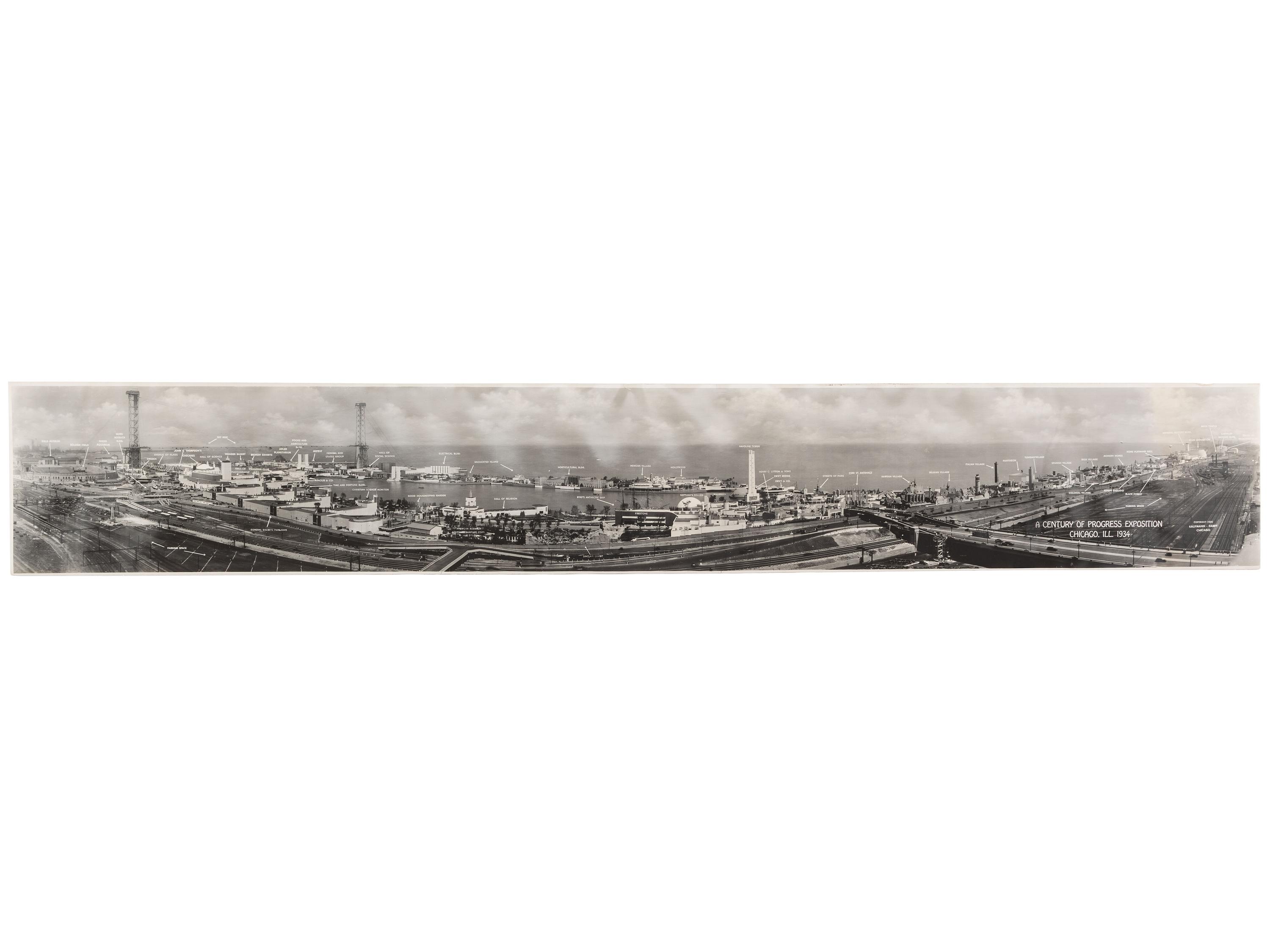 [FAIRS & EXPOS]. A group of 2 items involving Chicago World's Fairs, incl. 1893 souvenir textile and 1934 panoramic photograph.