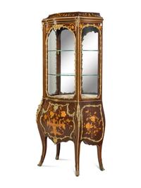 A Louis XV Style Gilt Bronze Mounted Mahogany and Marquetry Vitrine Cabinet