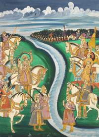 A Painting of Flanking Equestrian Figures on Either Side of a Meandering River, Rajasthan, Bazaar Workshop, Late 19th/20th Century