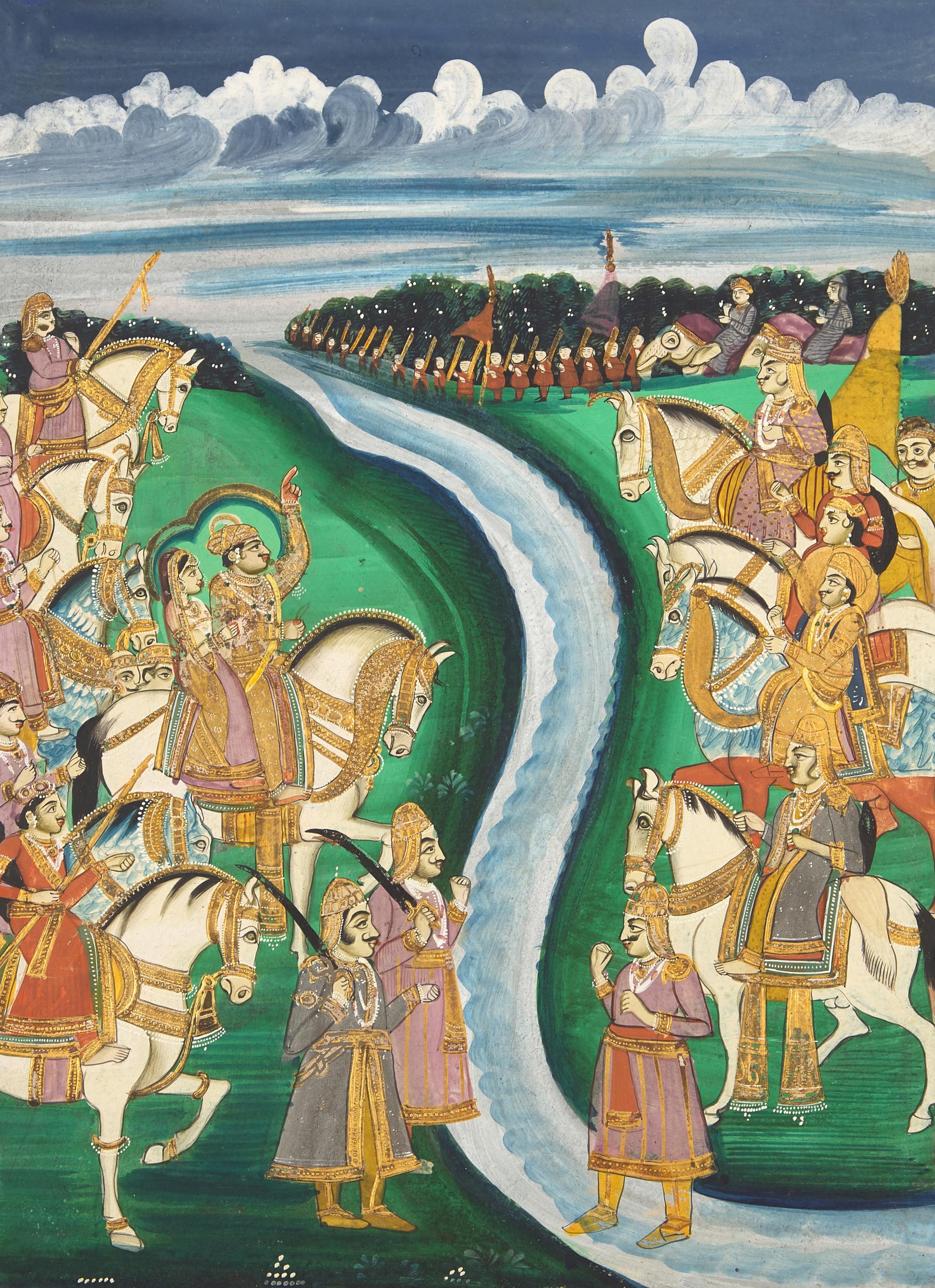 A Painting of Flanking Equestrian Figures on Either Side of a Meandering River, Rajasthan, Bazaar Workshop, Late 19th/20th Century