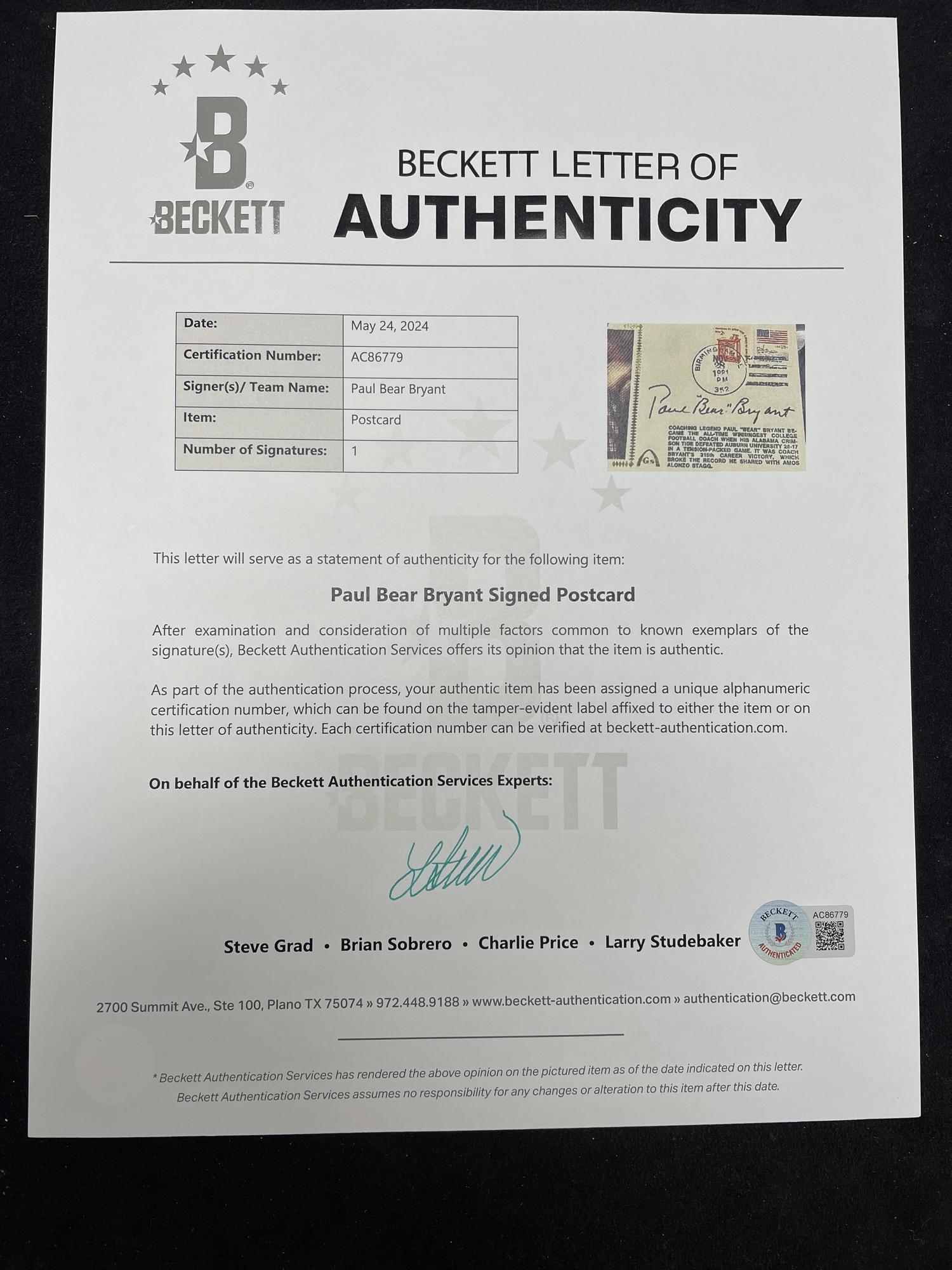 A Paul Bear Bryant Signed Autograph Cachet (Beckett Authentication Services)
