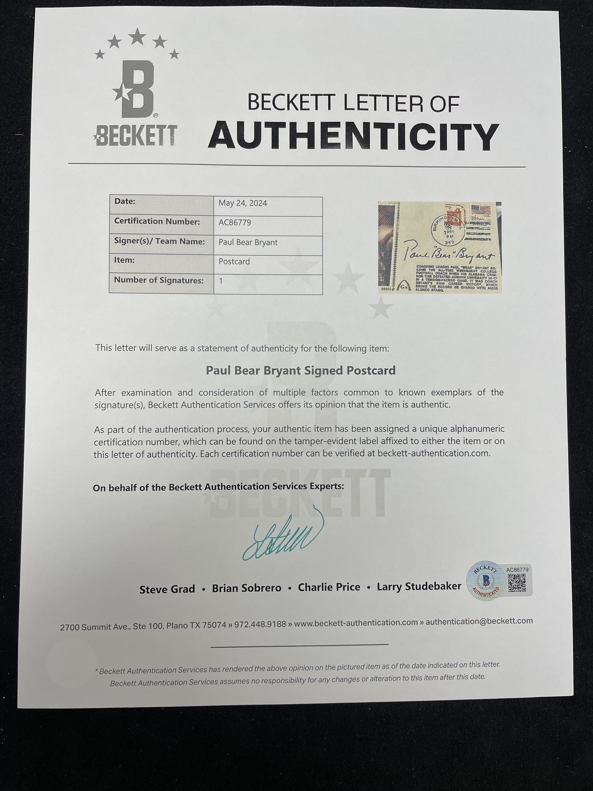 A Paul Bear Bryant Signed Autograph Cachet (Beckett Authentication Services)