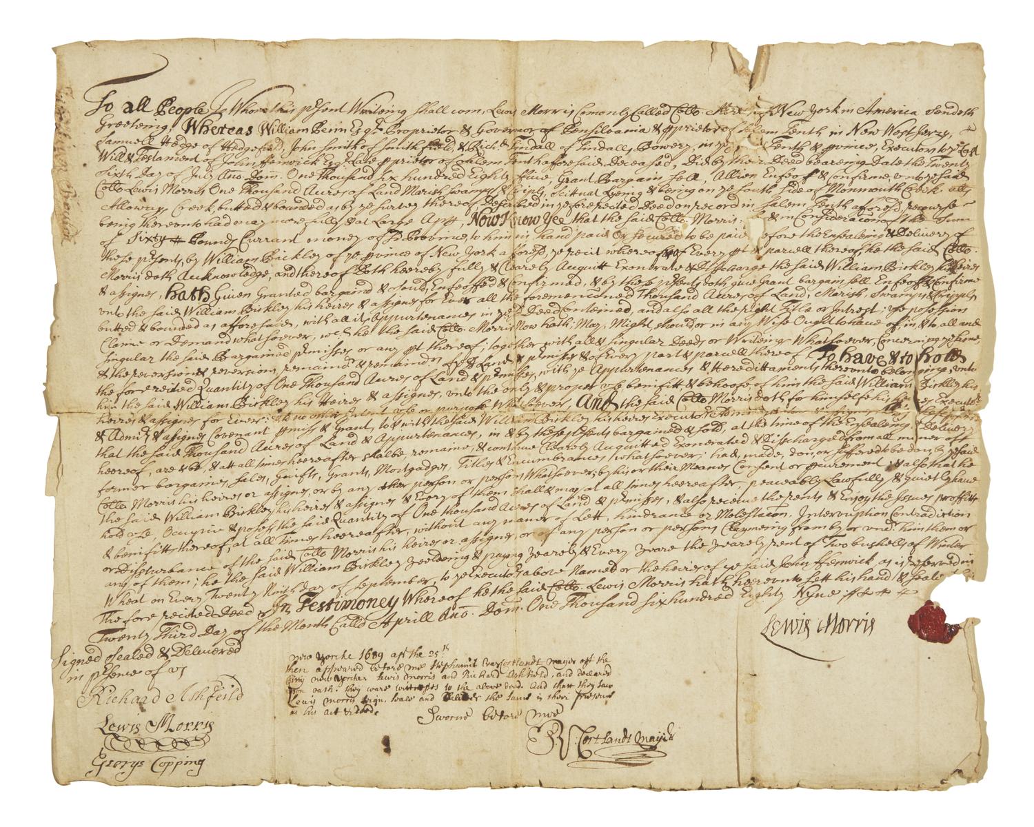 [Americana] [New Jersey] Morris, Lewis. Manuscript Document, signed