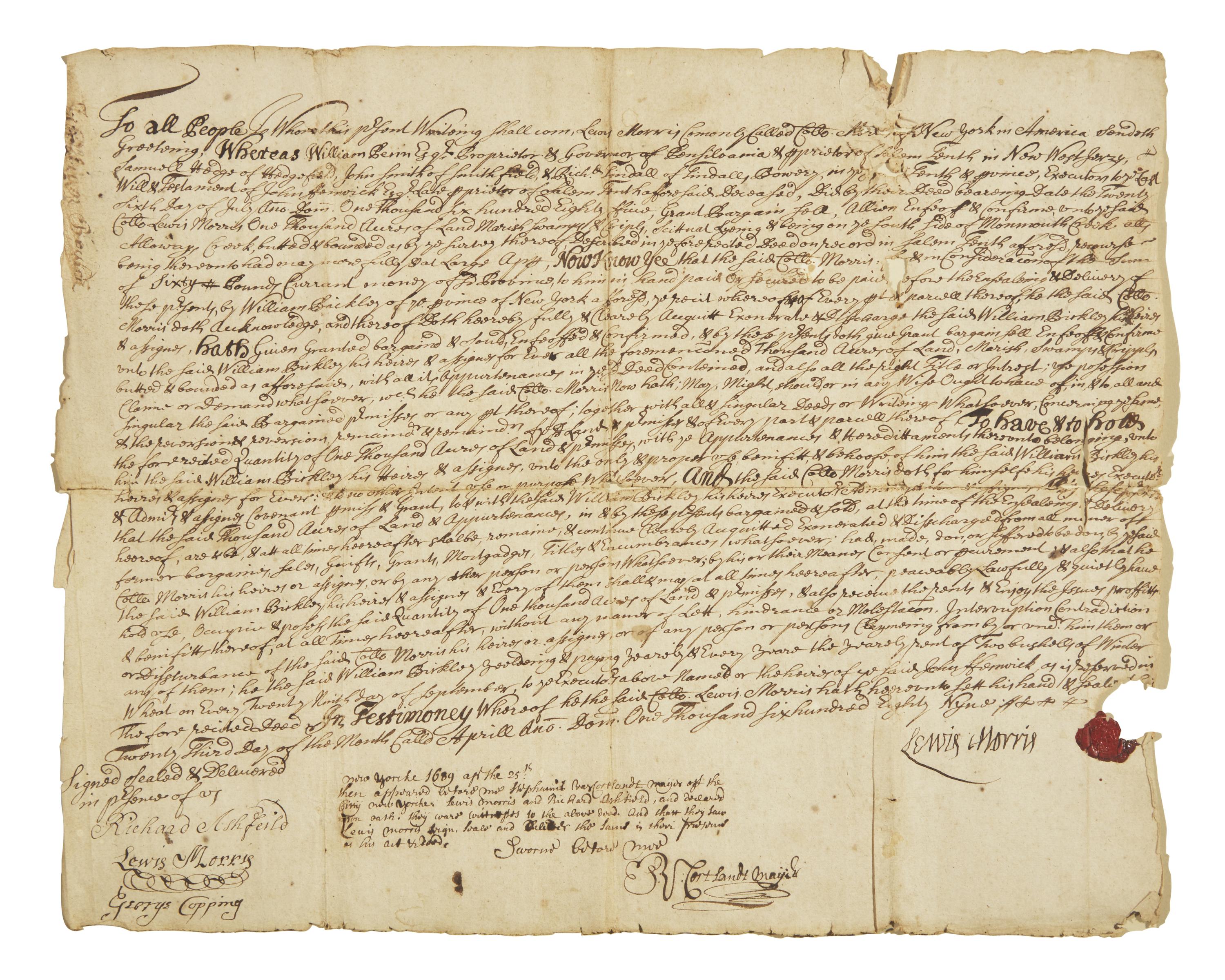 [Americana] [New Jersey] Morris, Lewis. Manuscript Document, signed