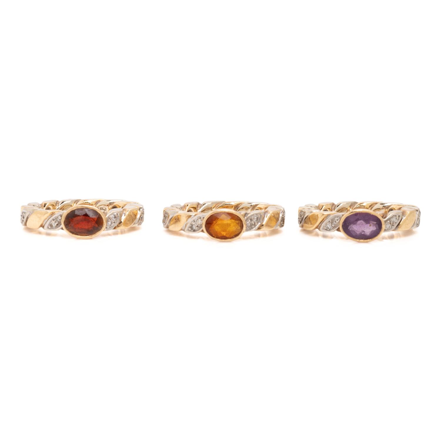 Set of Three Multigem and Bicolor Gold Rings