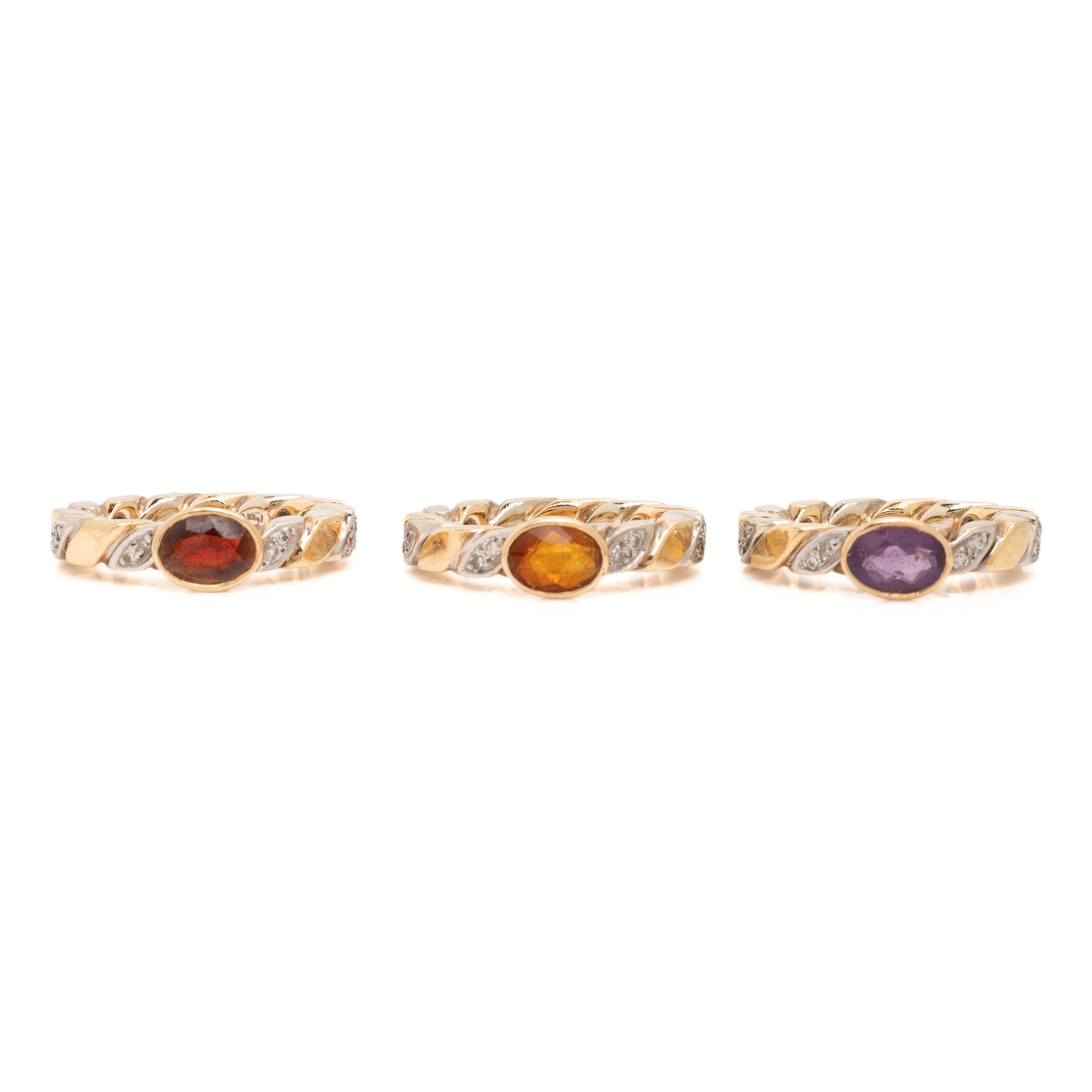 Set of Three Multigem and Bicolor Gold Rings