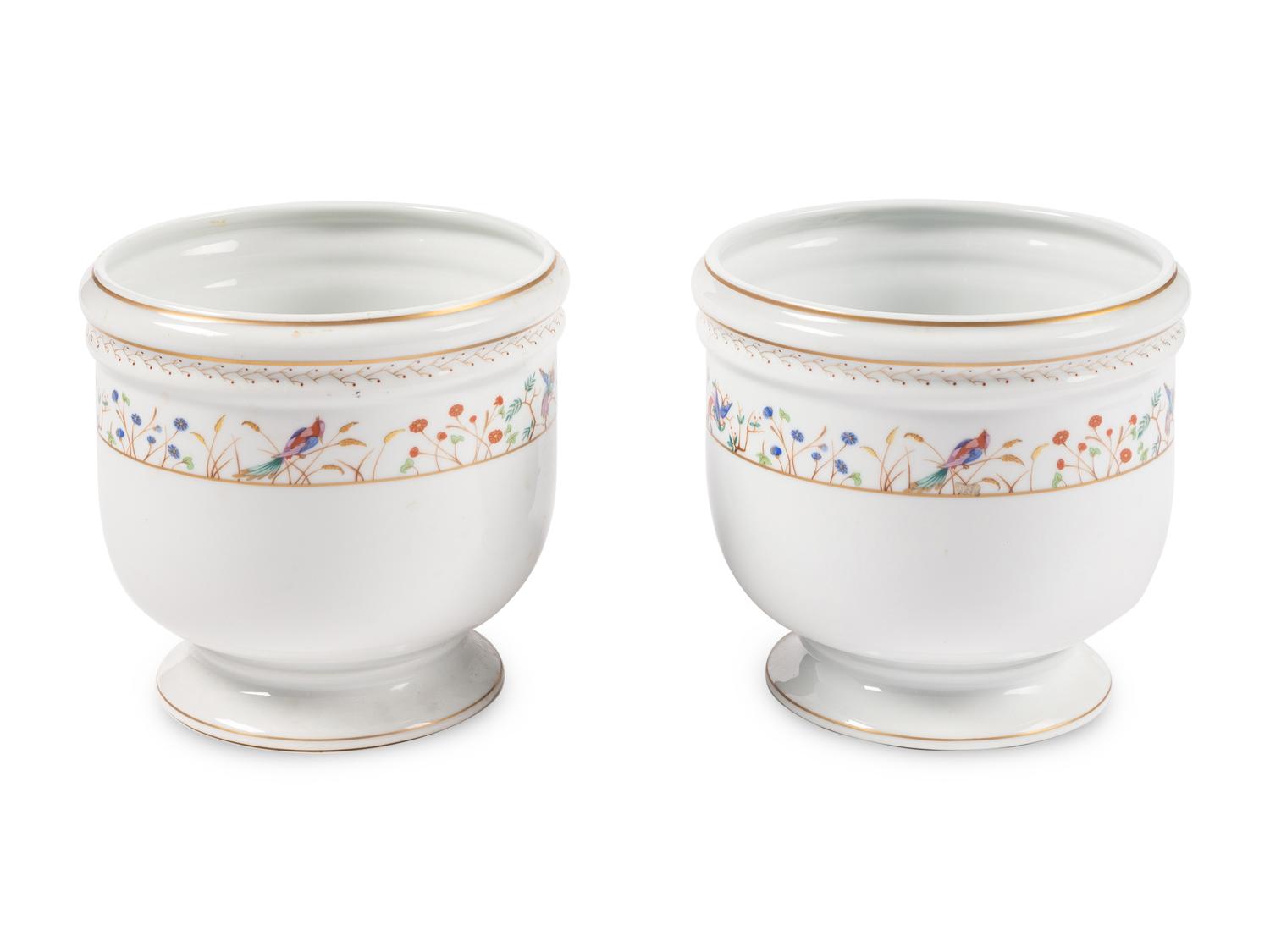 A Pair of Limoges Porcelain Cache Pots in the Audubon Pattern