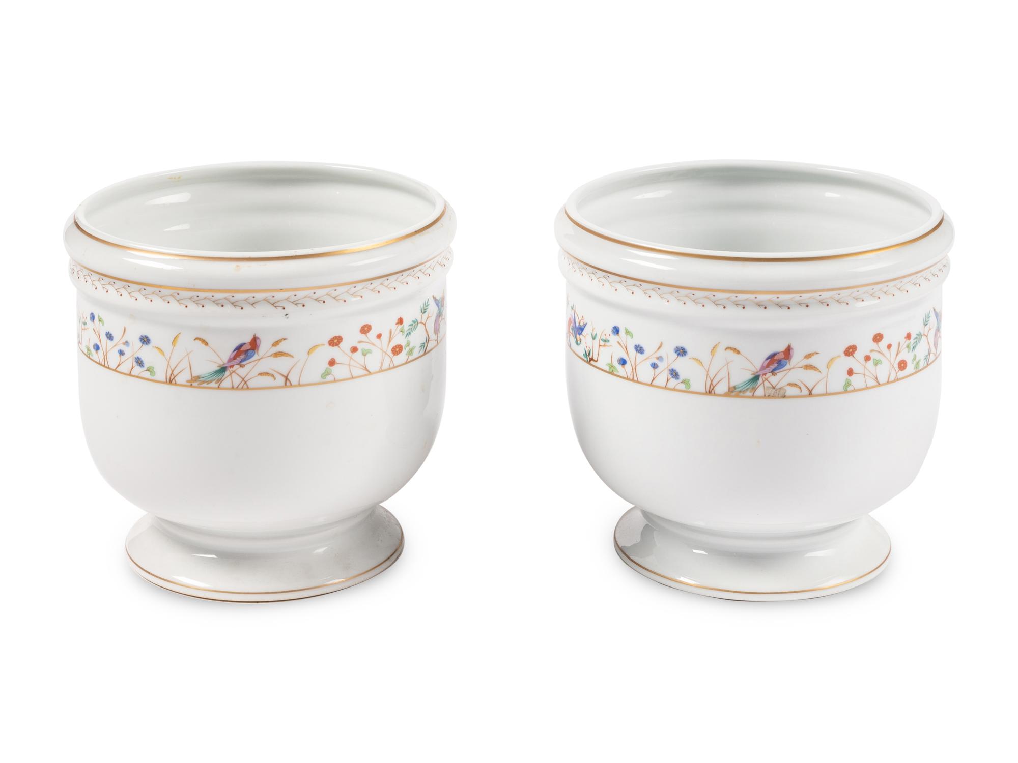A Pair of Limoges Porcelain Cache Pots in the Audubon Pattern