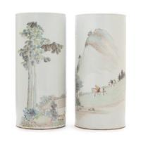 A Pair of Qianjiang Enameled Porcelain Hat Stands Height 11 inches.
