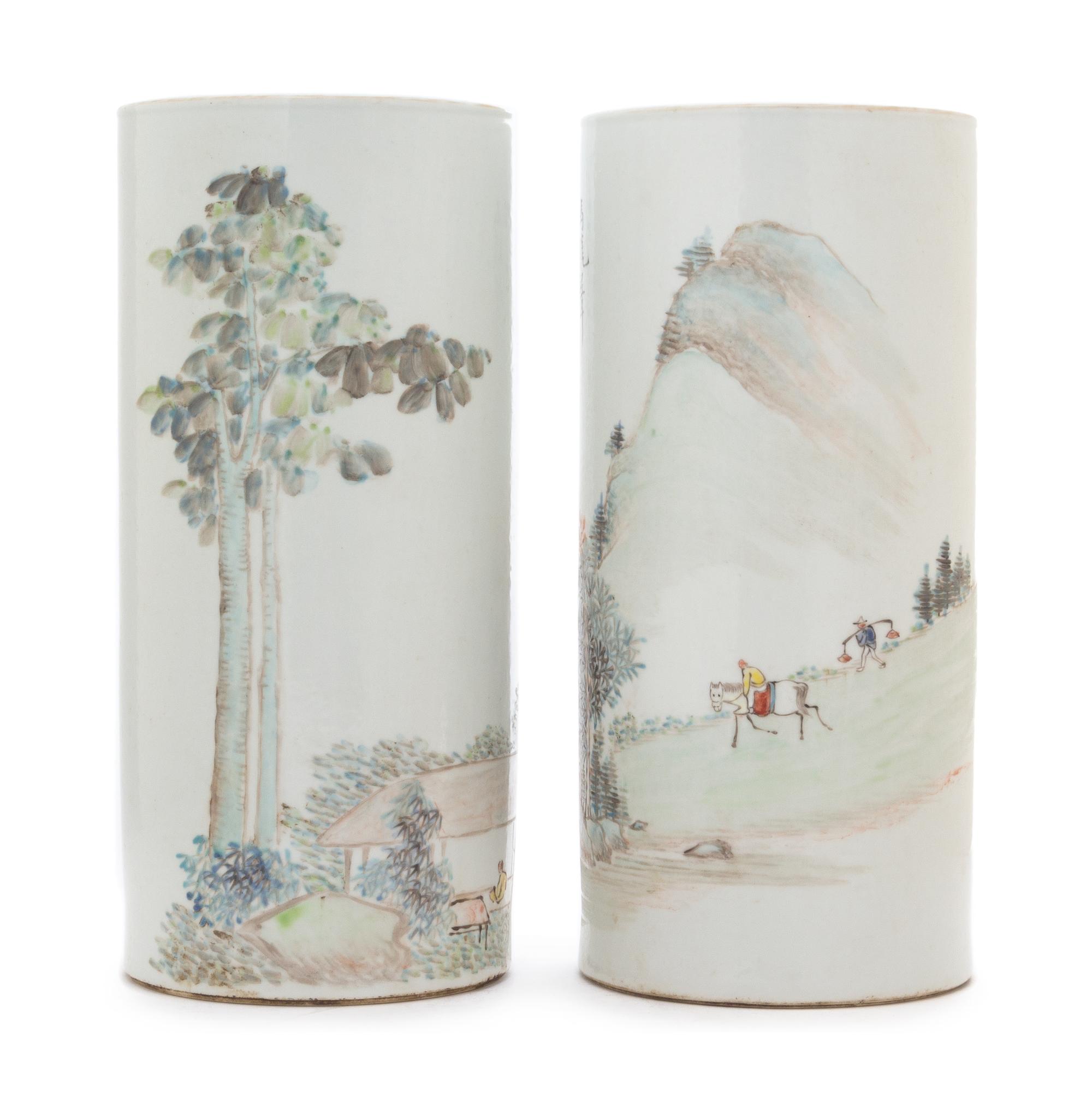 A Pair of Qianjiang Enameled Porcelain Hat Stands Height 11 inches.