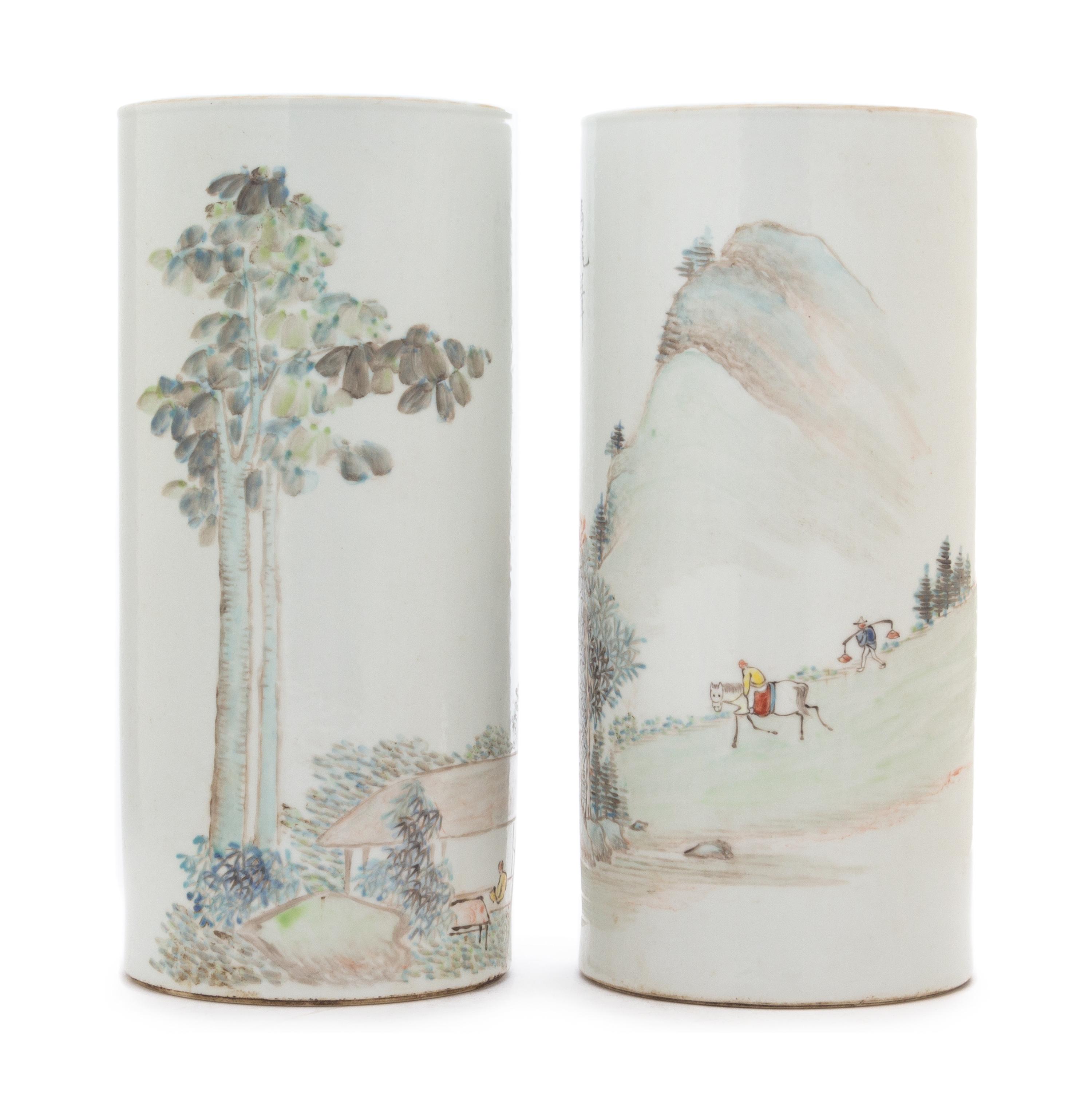 A Pair of Qianjiang Enameled Porcelain Hat Stands Height 11 inches.