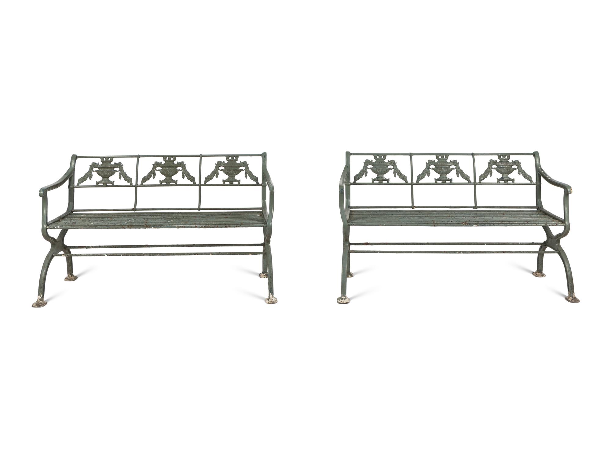 A Pair of Neoclassical Style Painted Iron Garden Benches