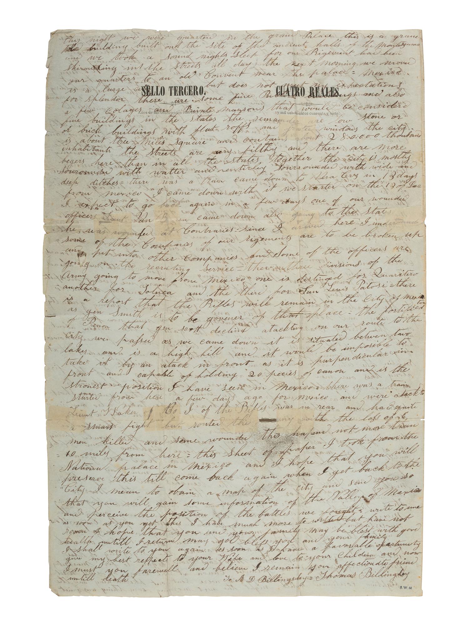 [MEXICAN-AMERICAN WAR]. Detailed letter on captured stationery describing storming the Castle of Chapultepec and the battle for Mexico City. Vera Cruz [Mexico], 8 January 1848.