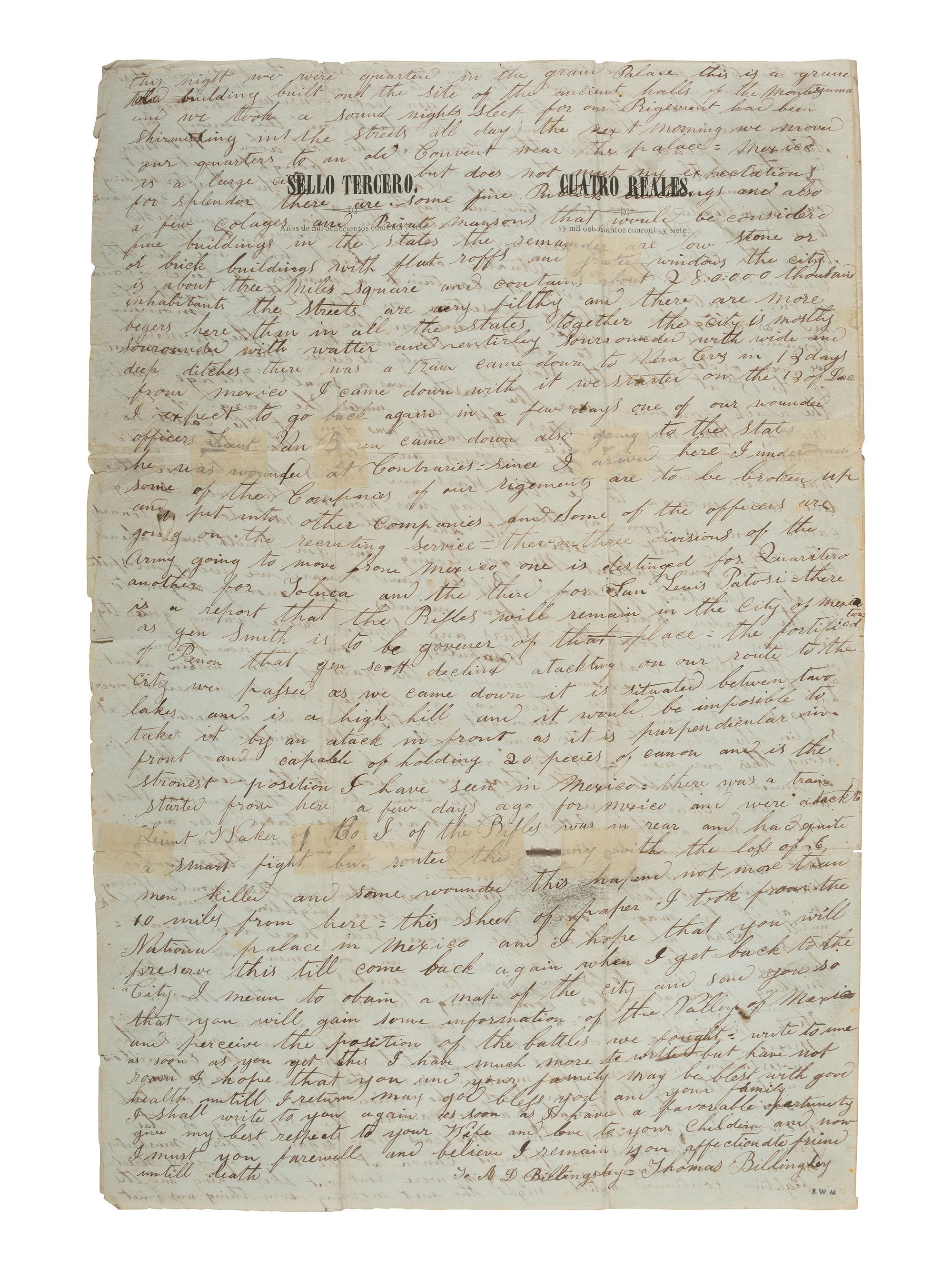 [MEXICAN-AMERICAN WAR]. Detailed letter on captured stationery describing storming the Castle of Chapultepec and the battle for Mexico City. Vera Cruz [Mexico], 8 January 1848.