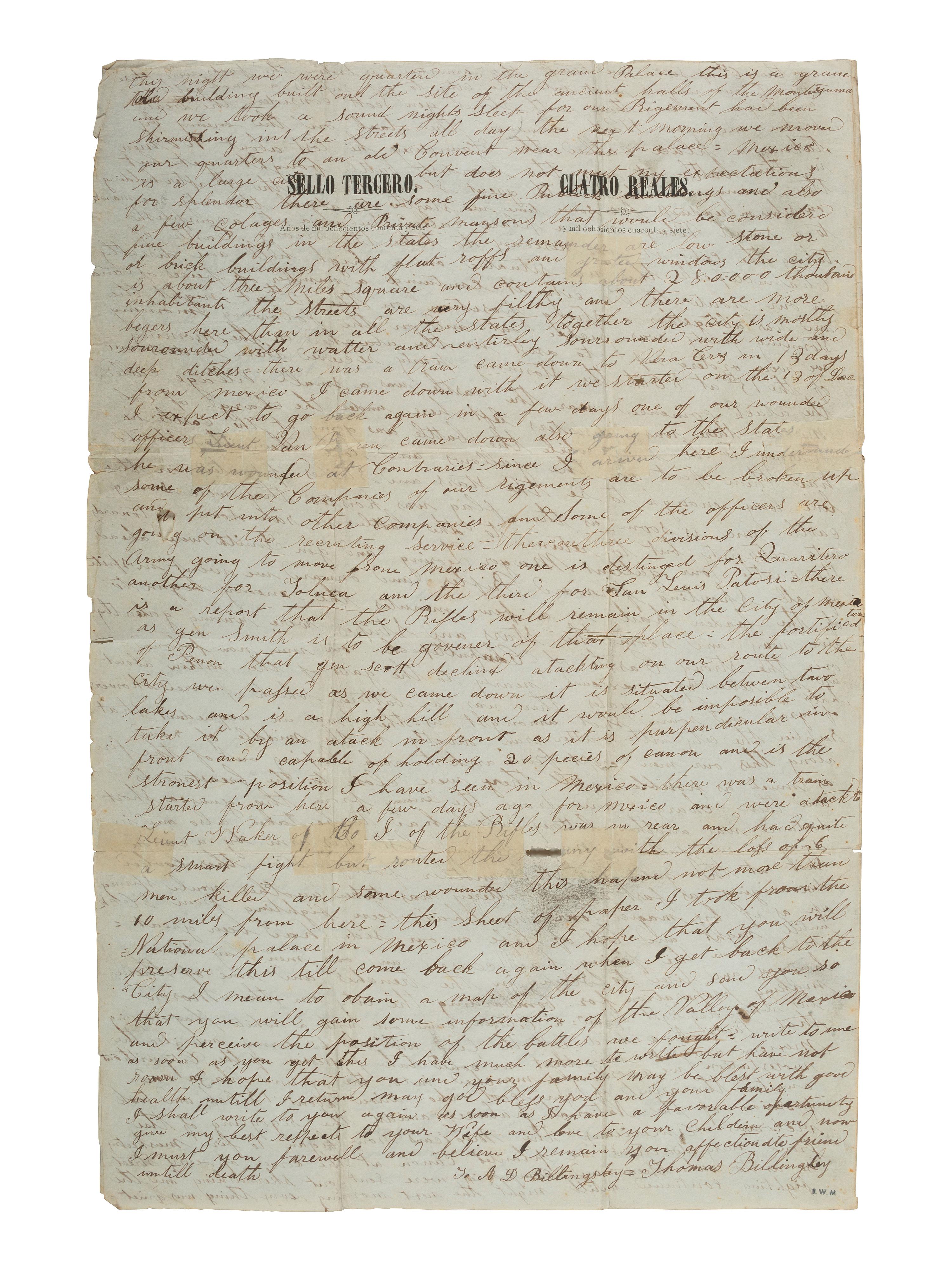[MEXICAN-AMERICAN WAR]. Detailed letter on captured stationery describing storming the Castle of Chapultepec and the battle for Mexico City. Vera Cruz [Mexico], 8 January 1848.
