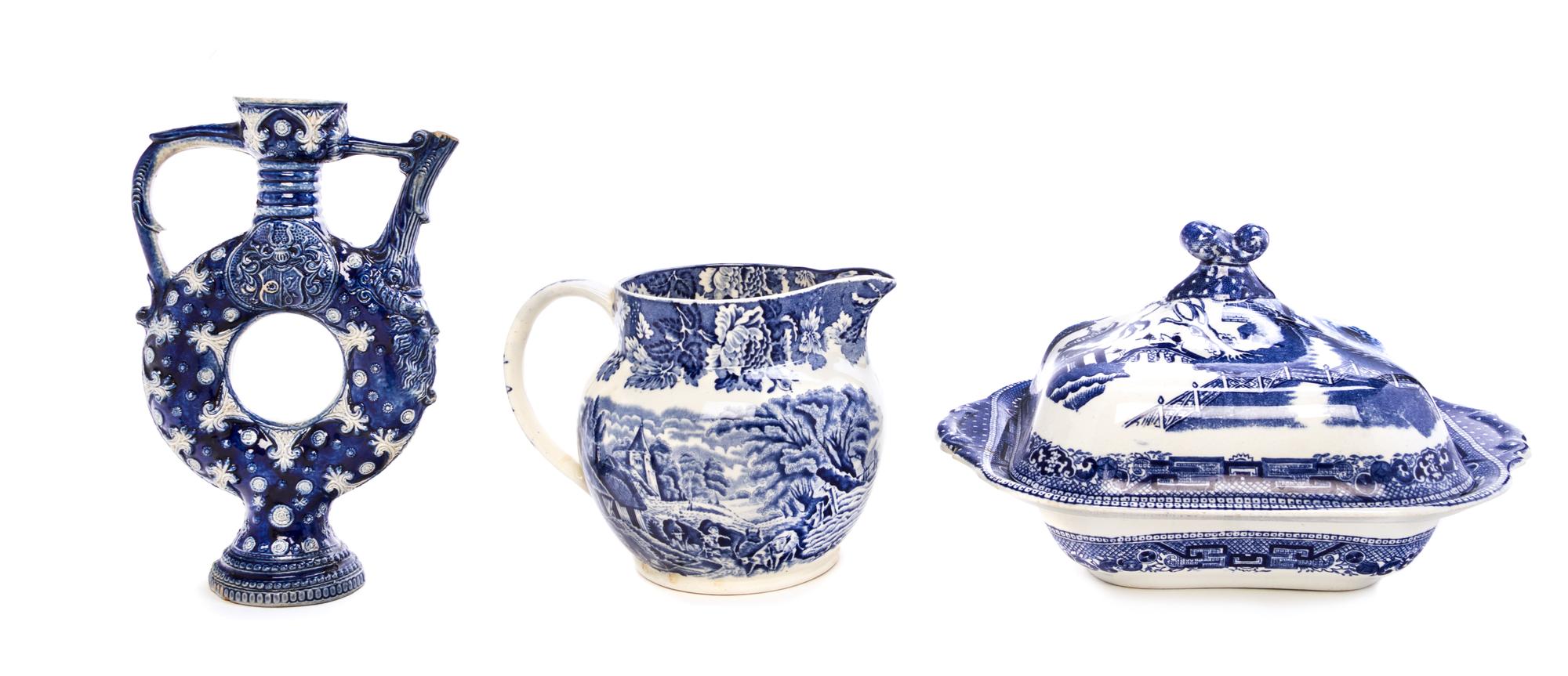 Two Blue and White Transfer Decorated Articles Height of tallest 8 3/4 inches.