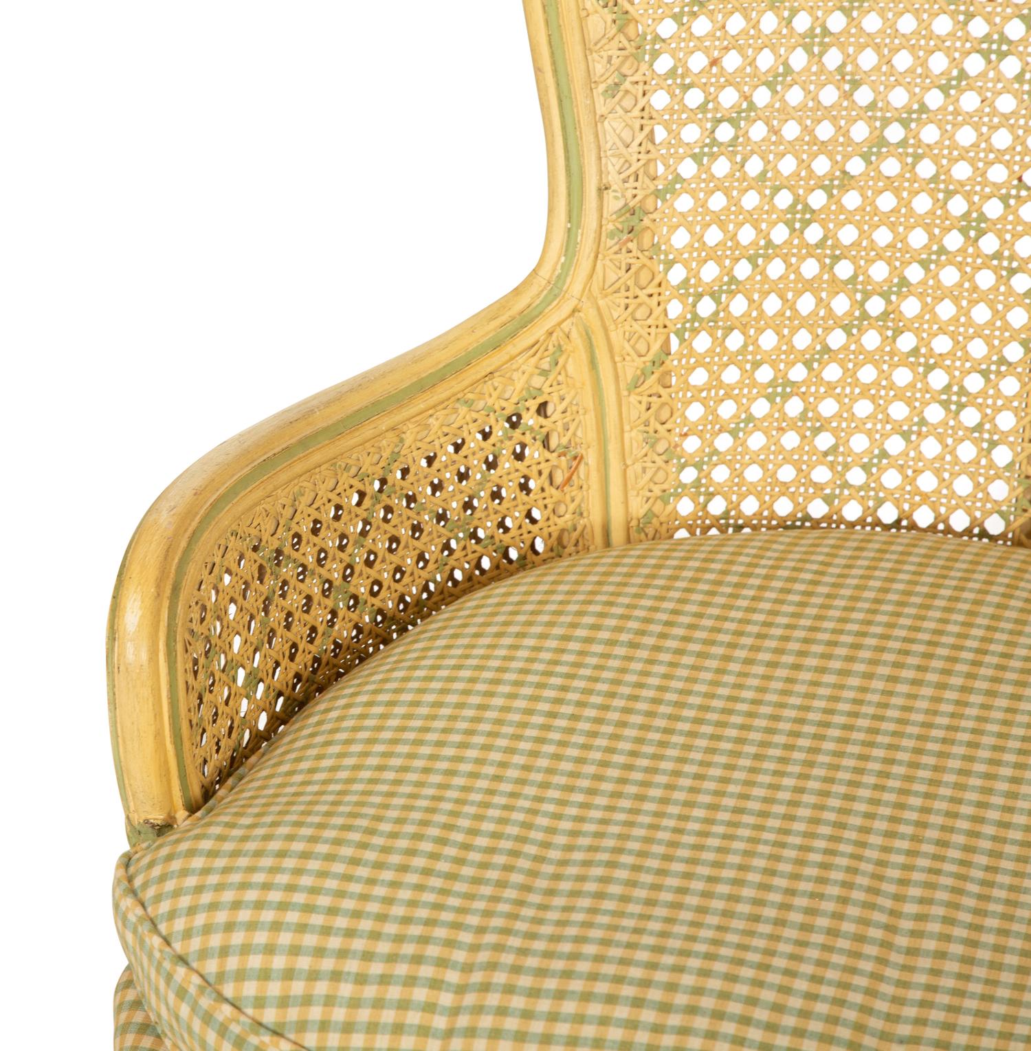A Pair of Louis XVI Style Painted Caned Back Side Chairs with a Marble Top Gueridon