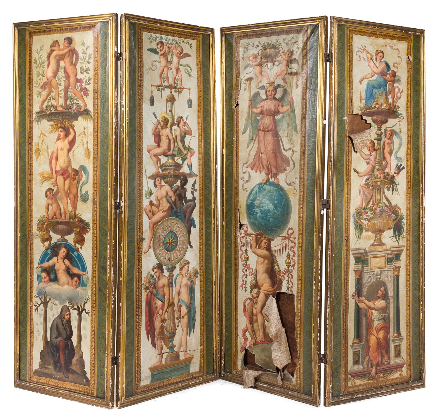 A Continental Painted Canvas Four-Panel Floor Screen Height 87 x width of each panel 30 1/2 inches. — LATE 19TH/EARLY 20TH CENTURY