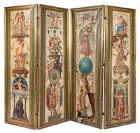 A Continental Painted Canvas Four-Panel Floor Screen Height 87 x width of each panel 30 1/2 inches. — LATE 19TH/EARLY 20TH CENTURY