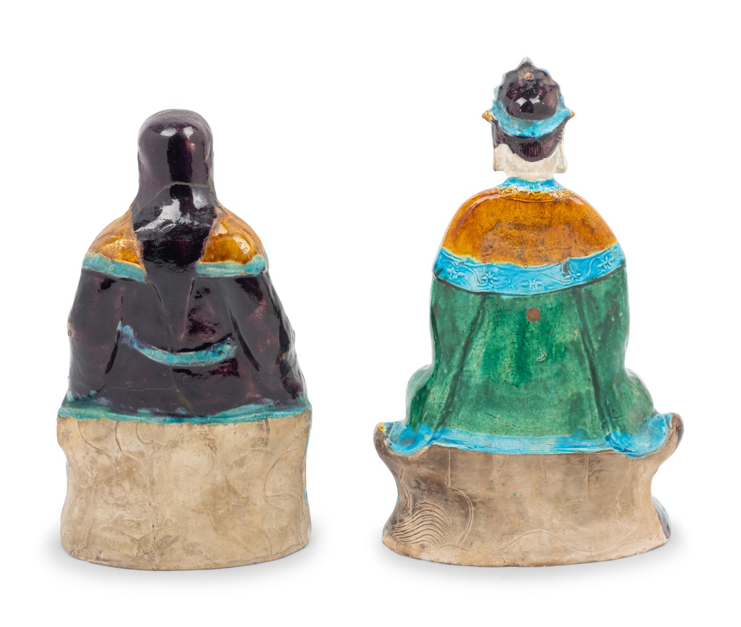 Two Turquoise, Yellow and Blue Glazed Tilework's Figures of Daoist Immortals