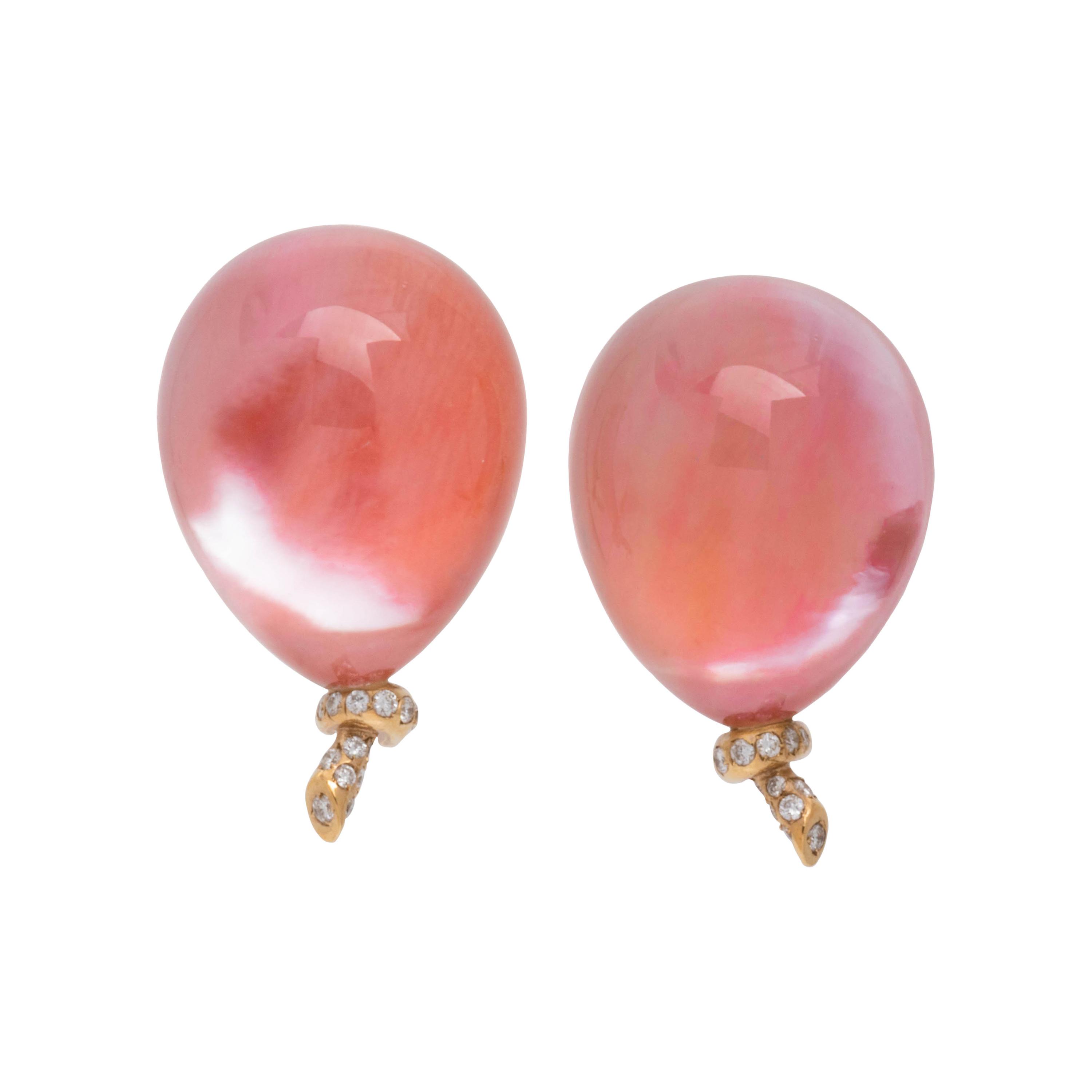 VHERNIER, ROCK CRYSTAL, RHODOCHROSITE AND DIAMOND BALLOON EARCLIPS